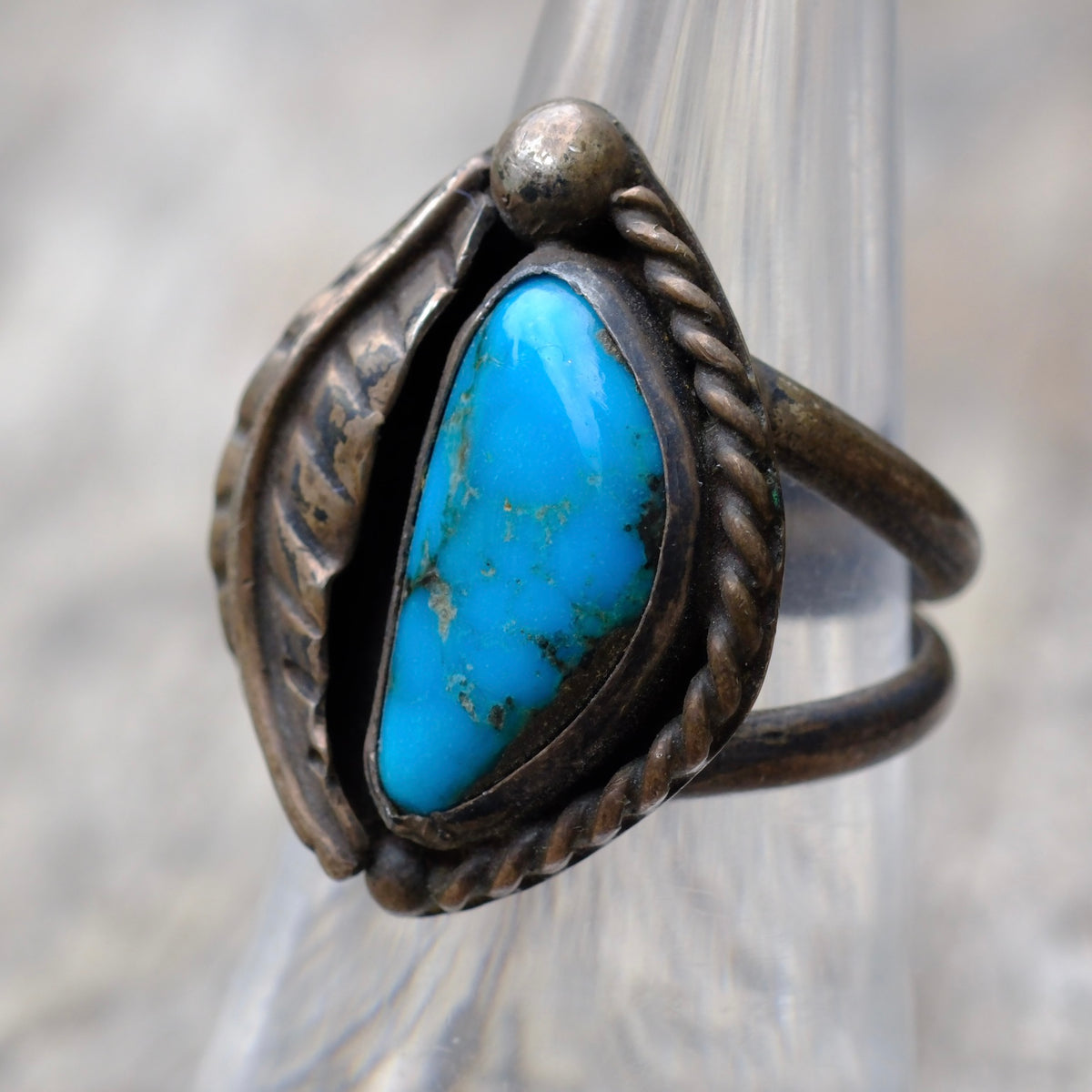 Vintage Sterling Turquoise Feather Ring 6.25