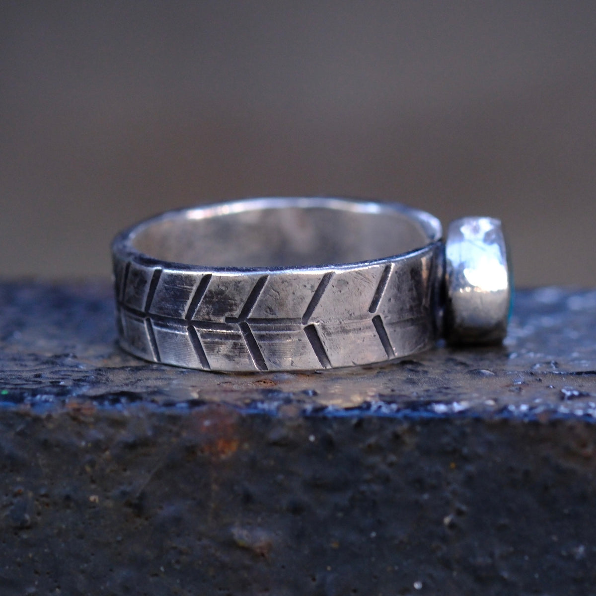 Sterling Silver Lone Mountain Turquoise Stamped Band Ring 6