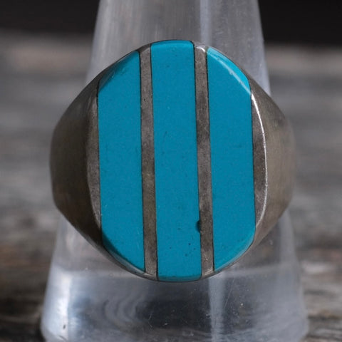 Vintage Sterling Turquoise Inlay Striper Ring 11.5
