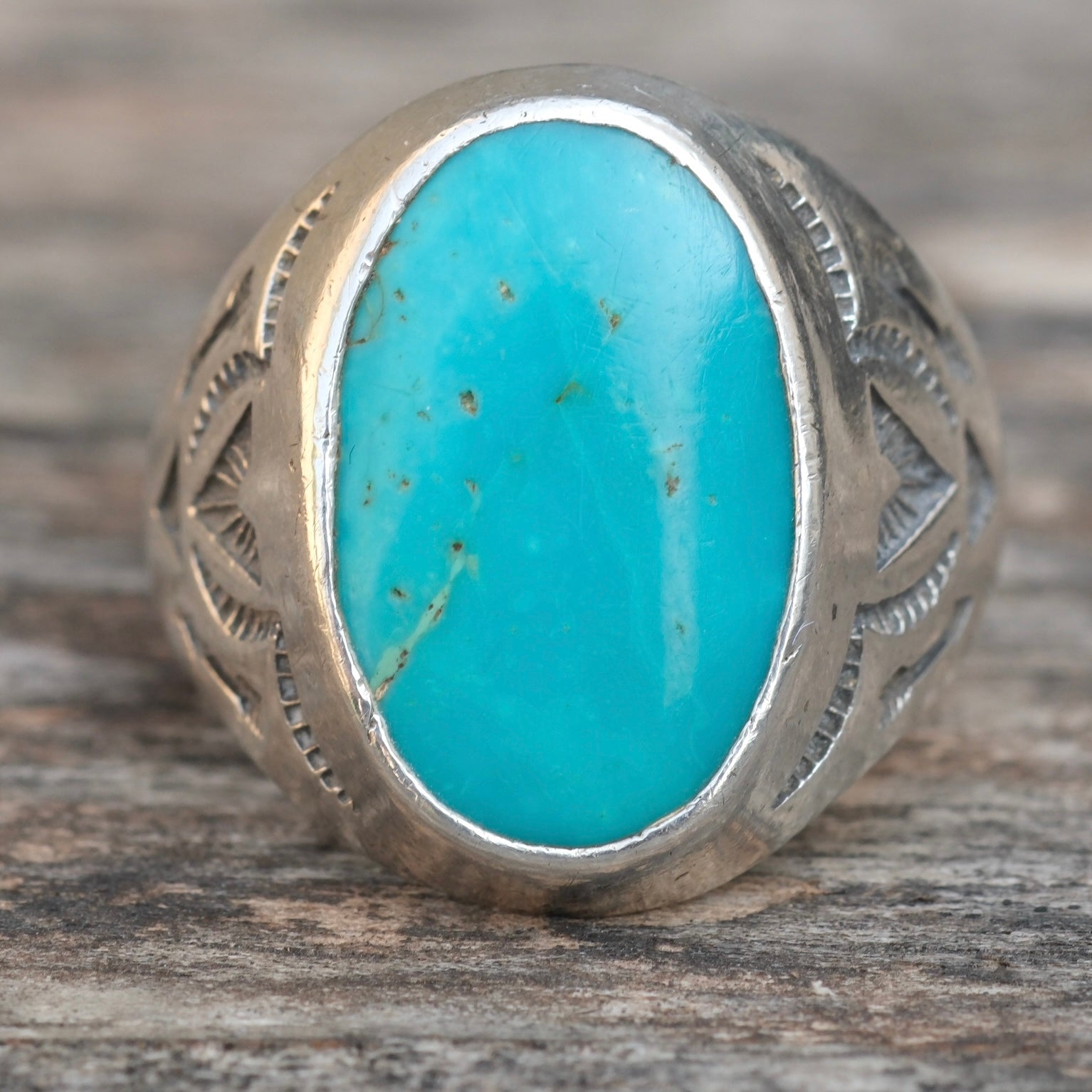 Vintage Sterling Turquoise Bells Trading Post Ring 10.75