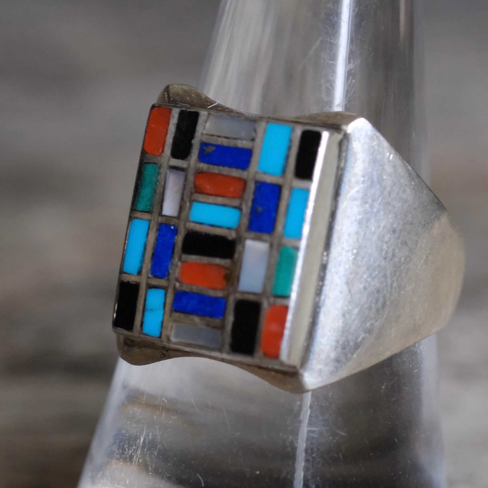 Vintage Sterling Multistone Inlay Mosaic Signet Ring 9