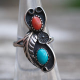 Vintage Sterling Turquoise and Coral Feather Ring 5.75