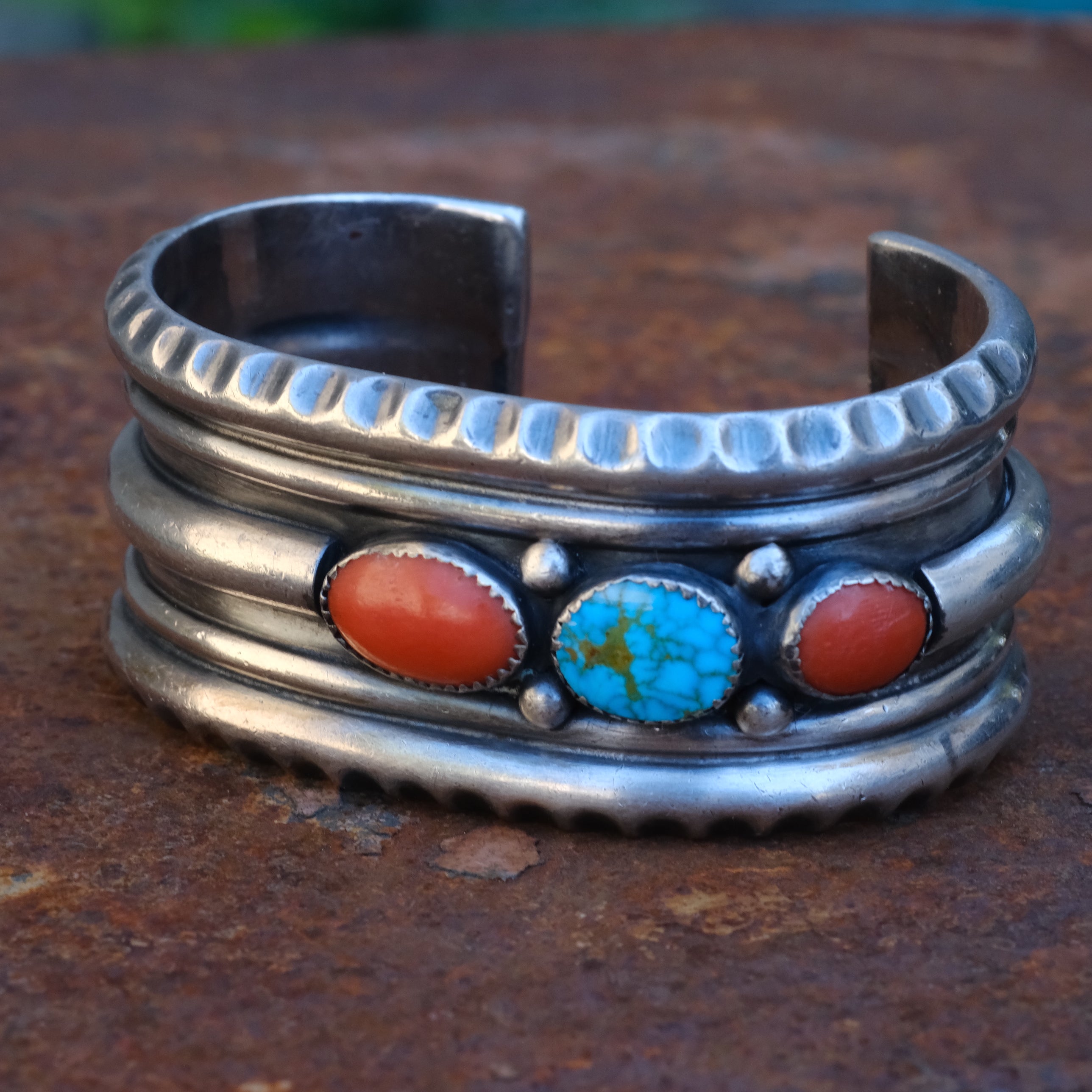 Vintage Sterling Turquoise and Coral Cuff Bracelet