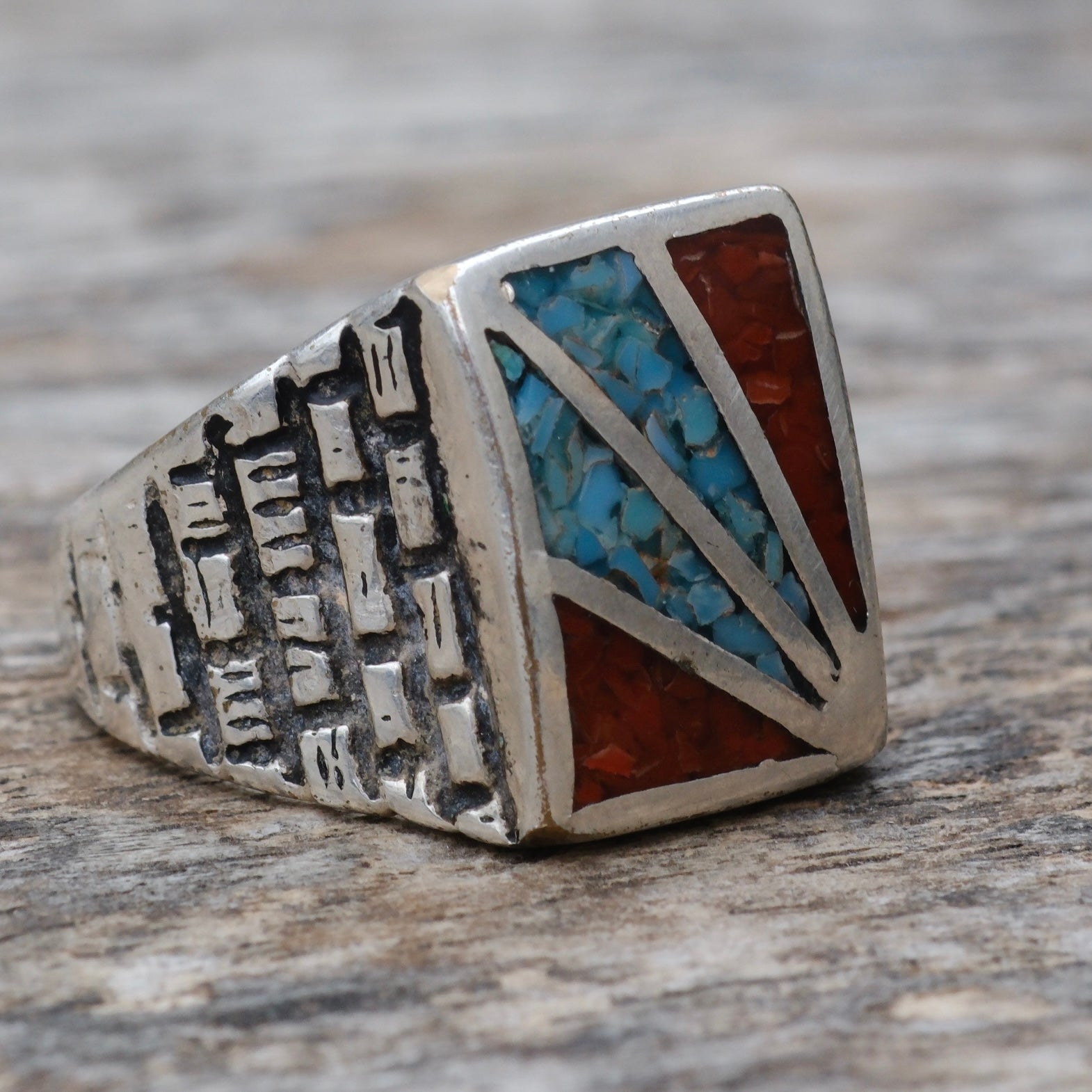 Vintage Sterling Turquoise and Coral Inlay Sunrise Ring 11