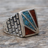 Vintage Sterling Turquoise and Coral Inlay Sunrise Ring 11