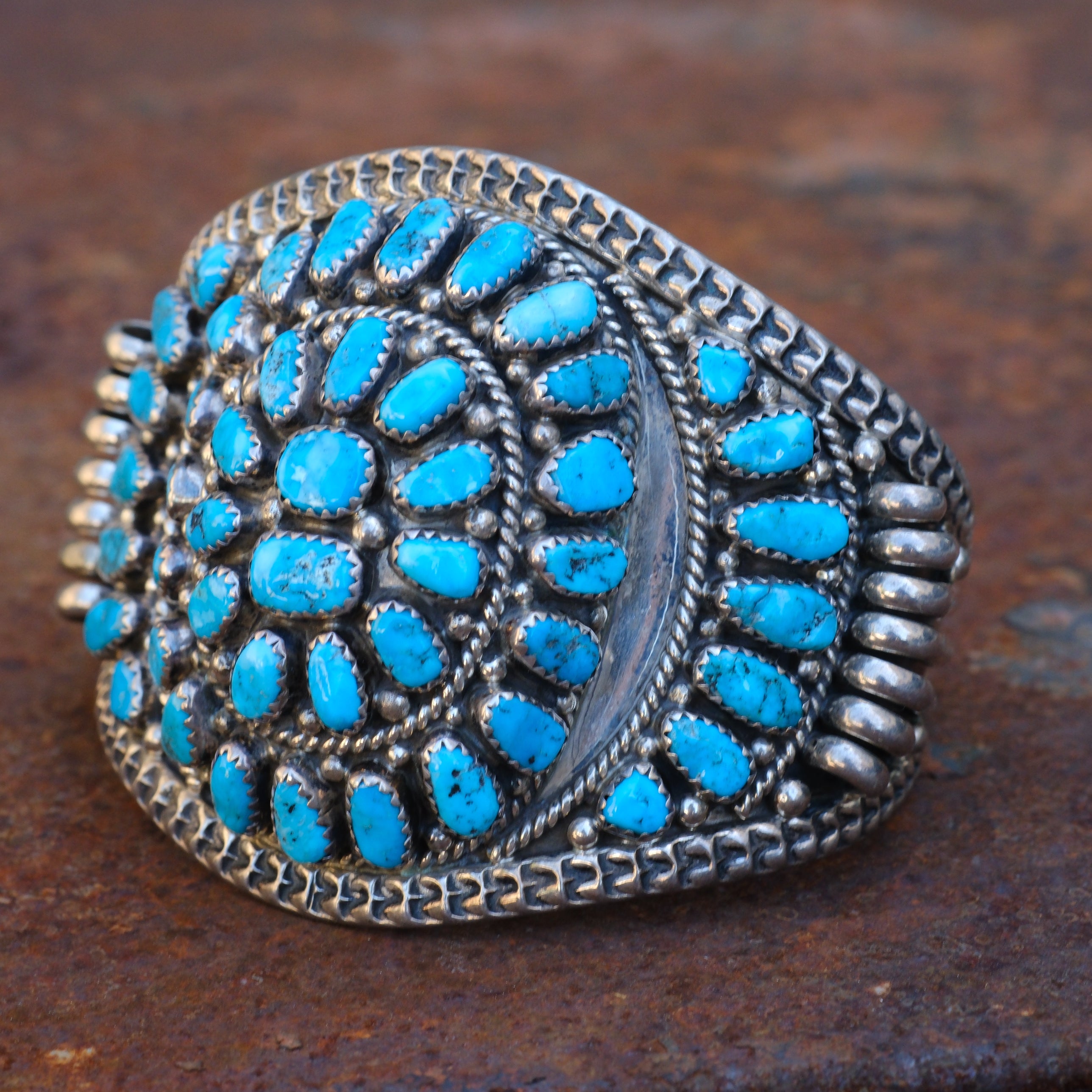 Huge Vintage Sterling Turquoise Inlay Cluster Cuff