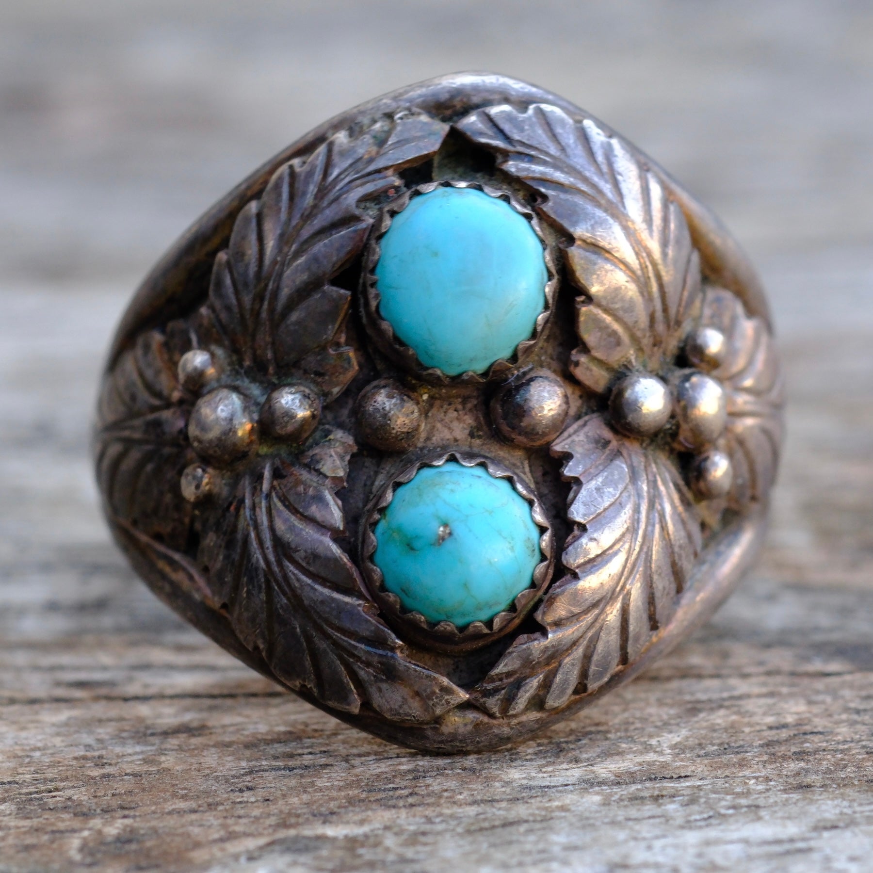Vintage Sterling 2-Stone Turquoise Feather Ring 13.5