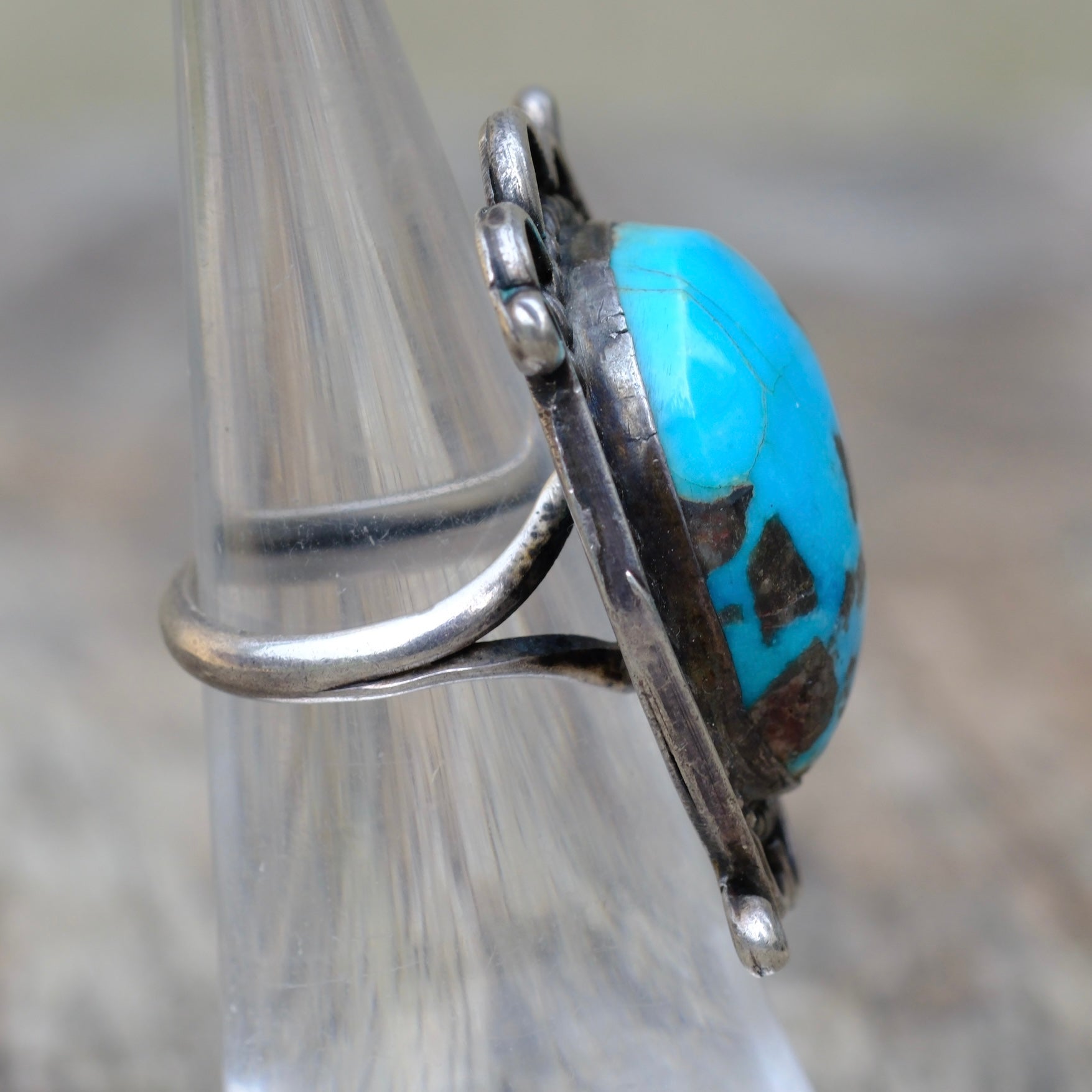 Vintage STerling Turquoise Roper Ring 4.25