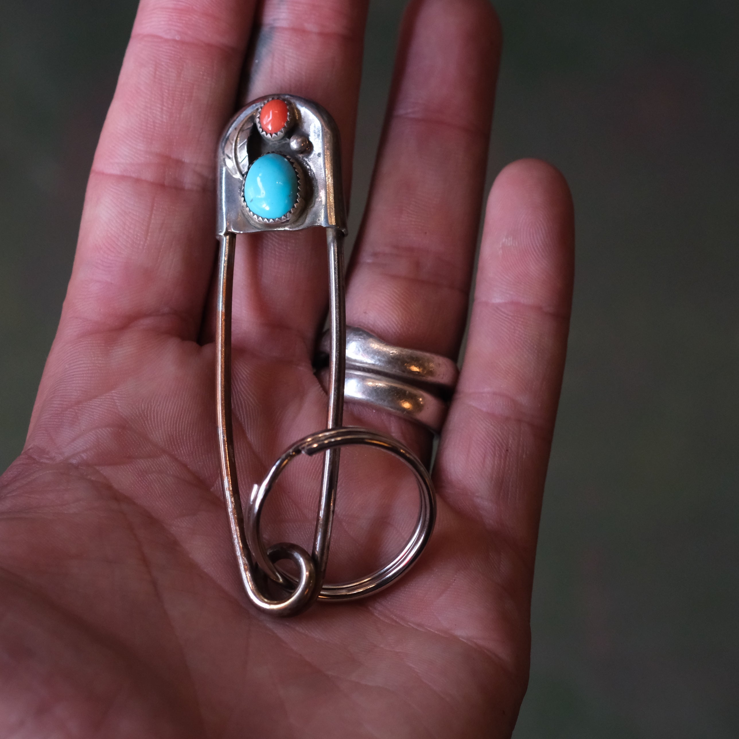 Vintage Turquoise and Coral Safety Pin Keychain 3"