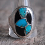 Vintage Sterling Turquoise and Onyx Inlay Ring 13.75