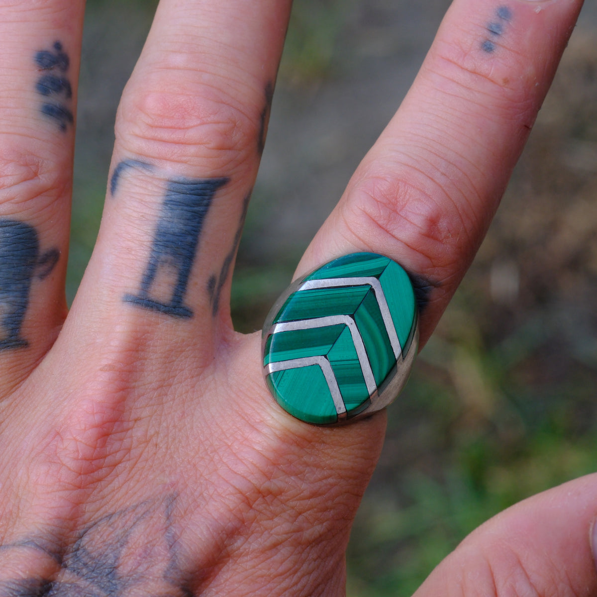 Vintage Sterling Malachite Inlay Ring 10