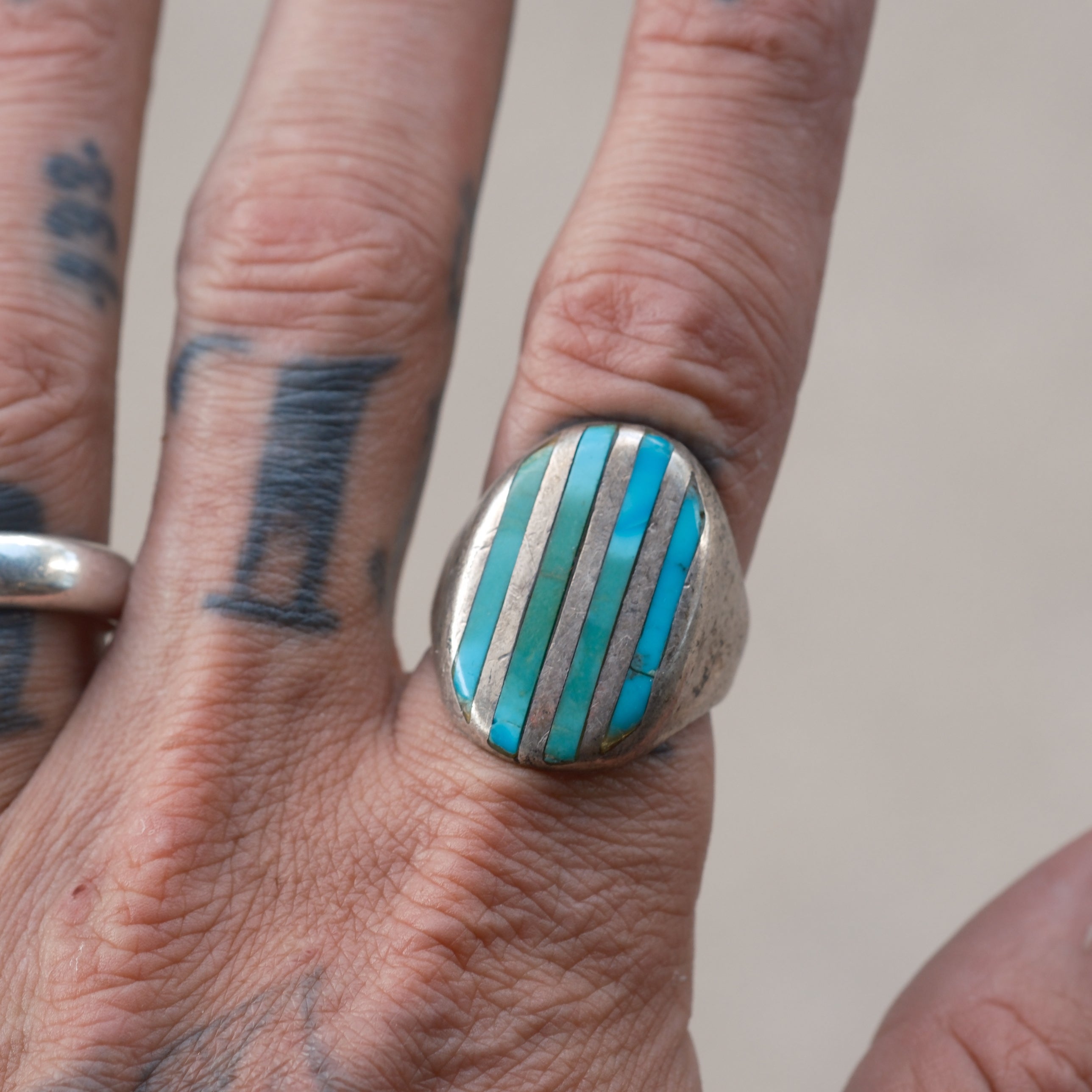 Vintage Sterling Turquoise Inlay Ring 9.75