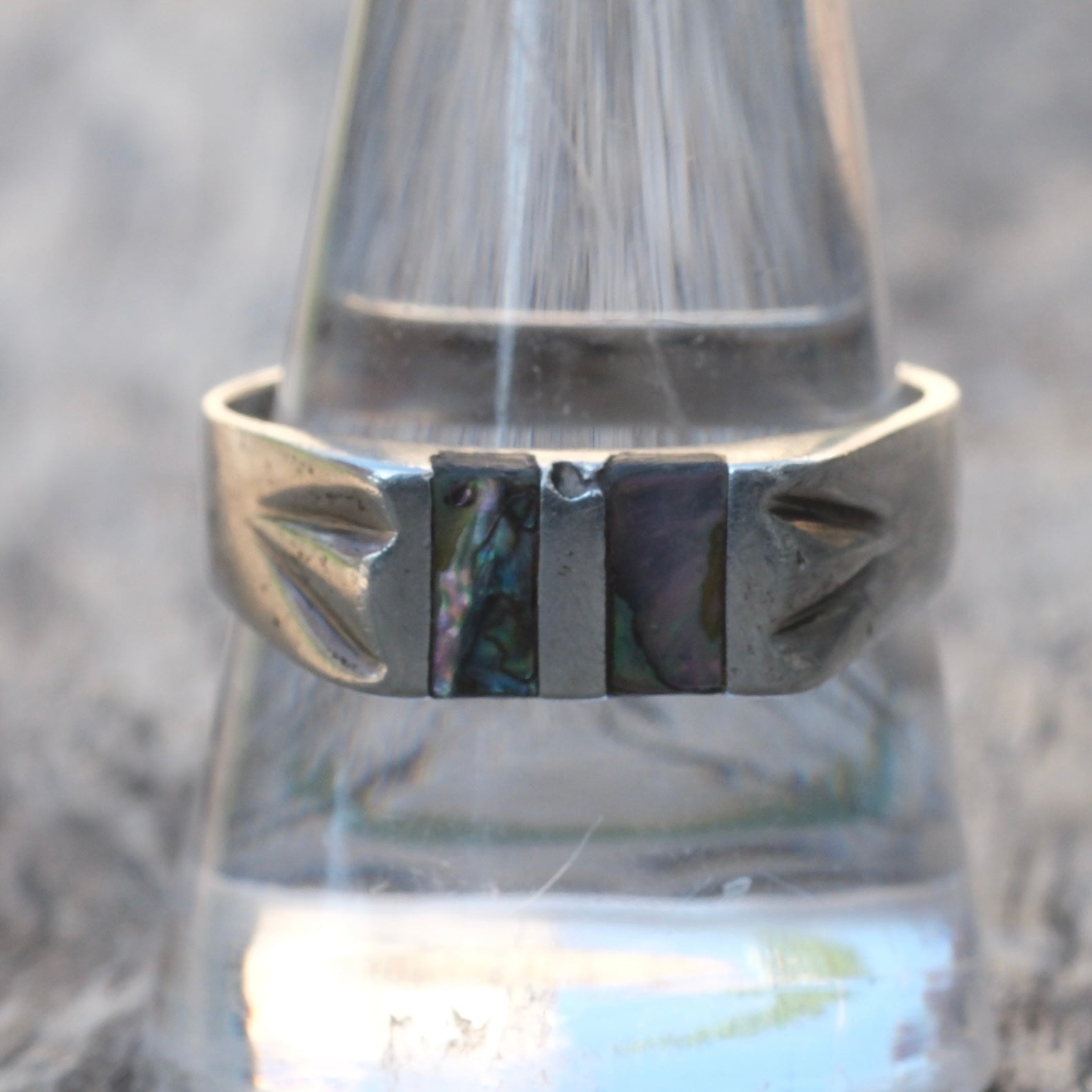 Vintage Sterling Abalone Inlay Striper Ring 10.75