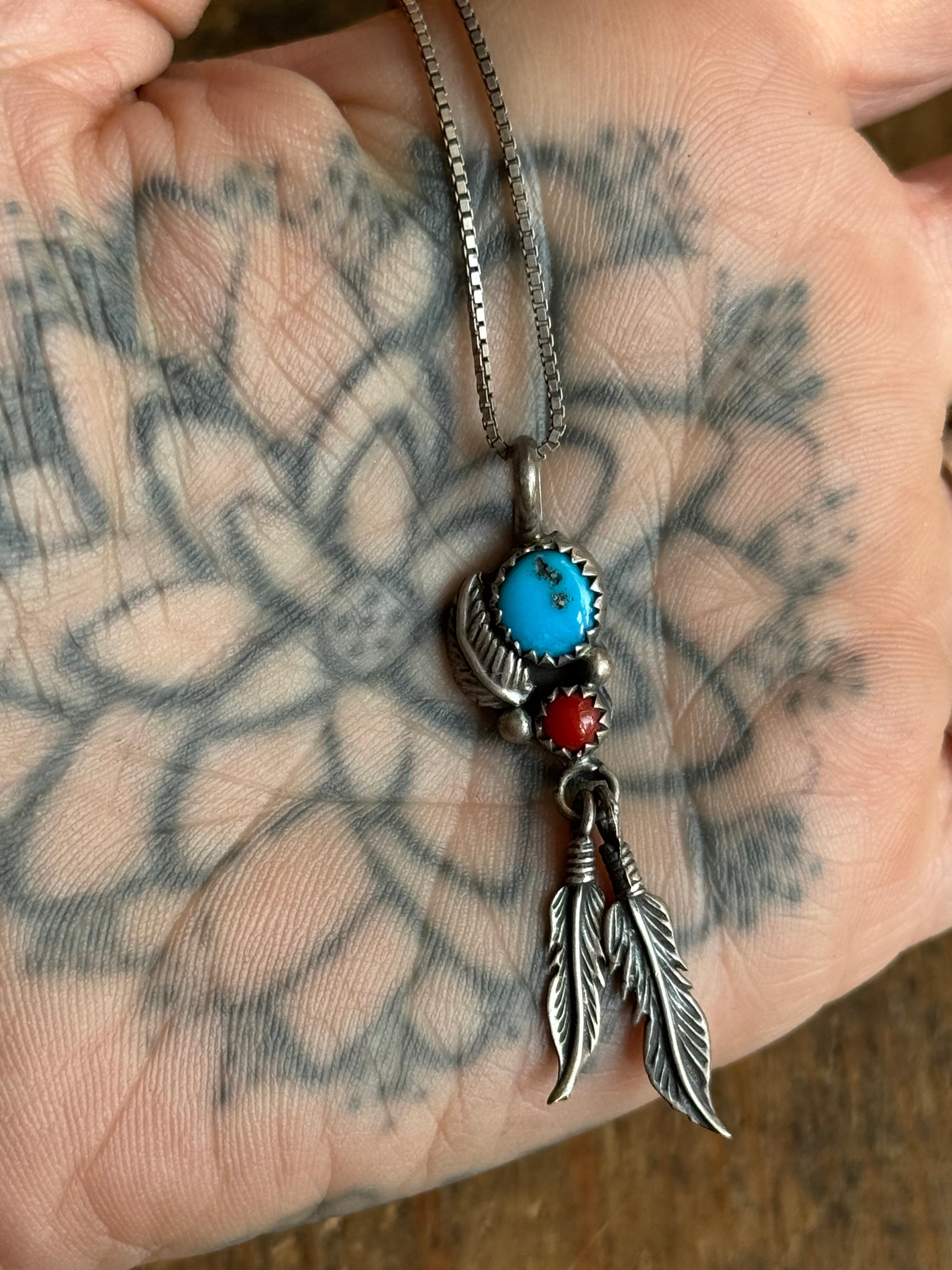 Vintage Sterling Silver Turquoise & Coral Feather 20" Necklace