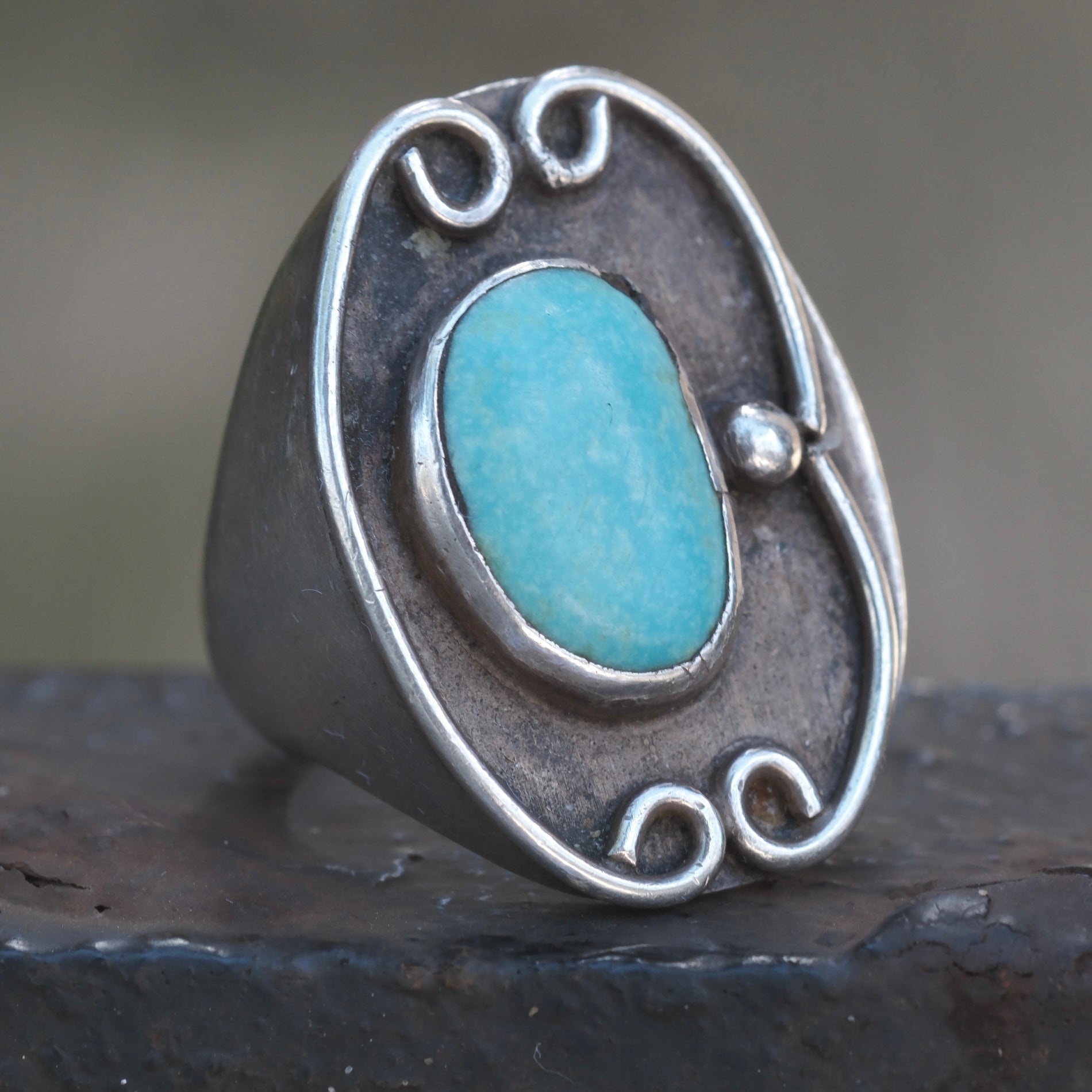 Vintage Sterling Turquoise Florette Ring 9.5