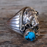 Vintage Sterling Turquoise and Coral Bear Ring 11.25