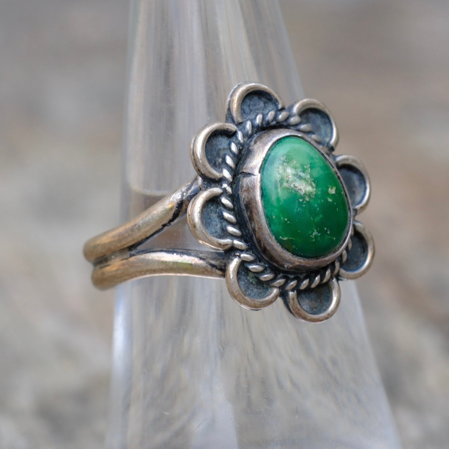 Vintage Sterling Turquoise Florette Ring 7