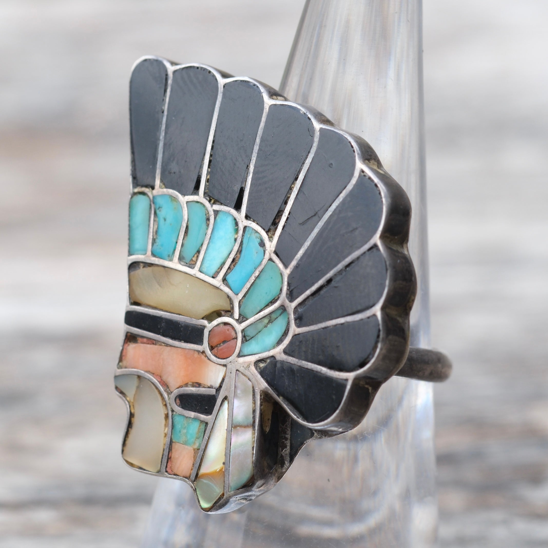 OLDER Vintage Sterling Zuni Inlay Chief Ring 7