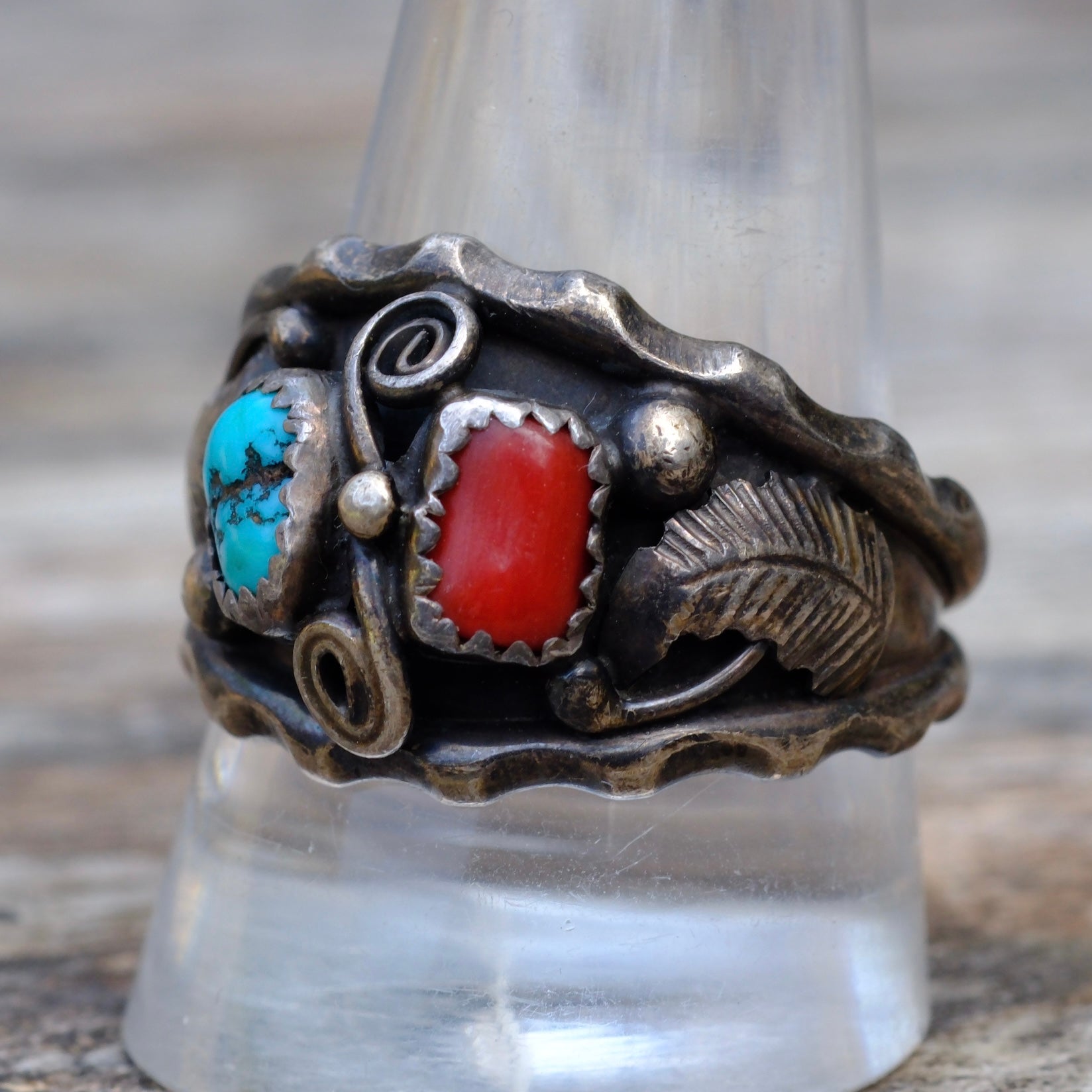 Vintage Sterling Turquoise and Coral Feather Band 12