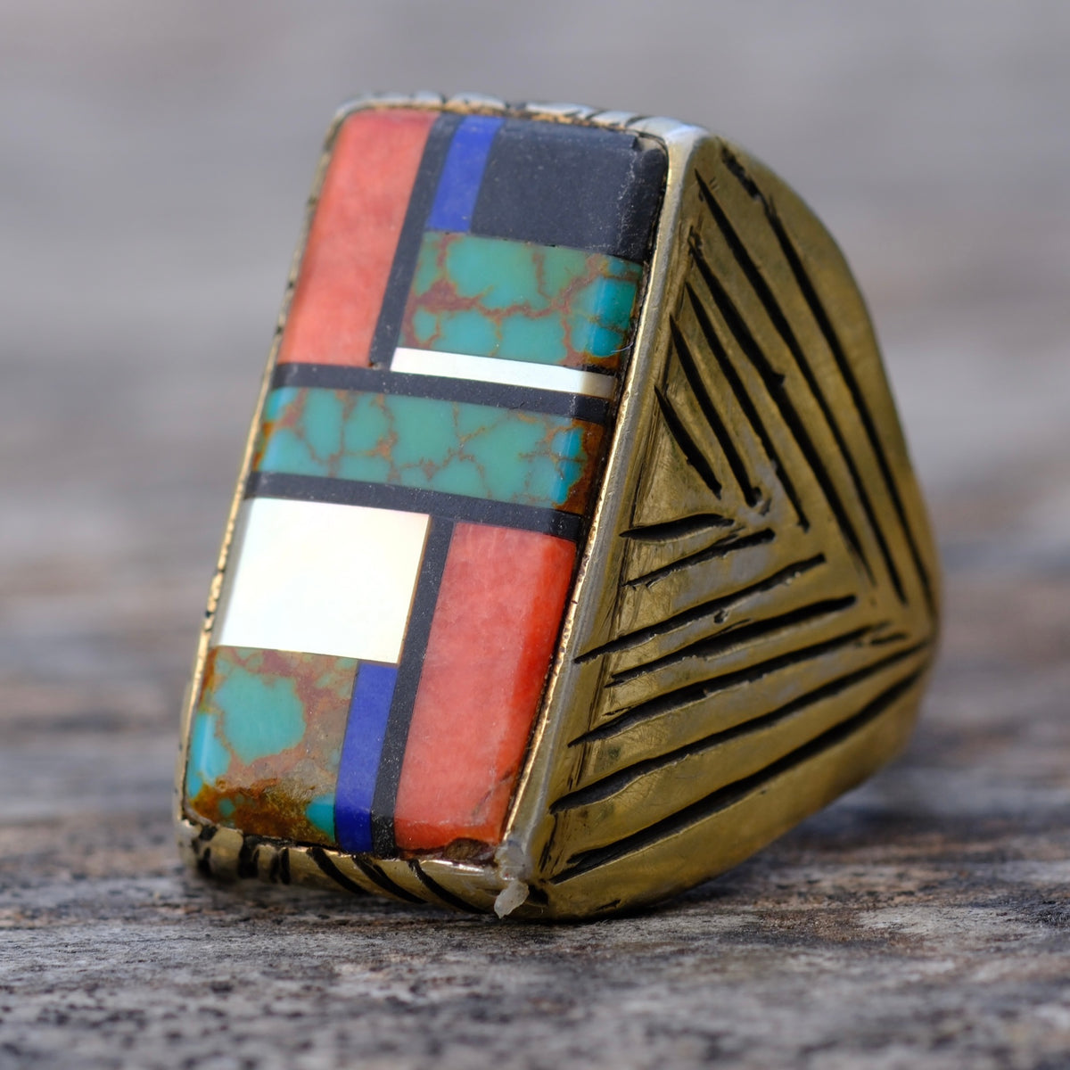 Vintage Sterling Gold Toned Inlay Ring 13.25
