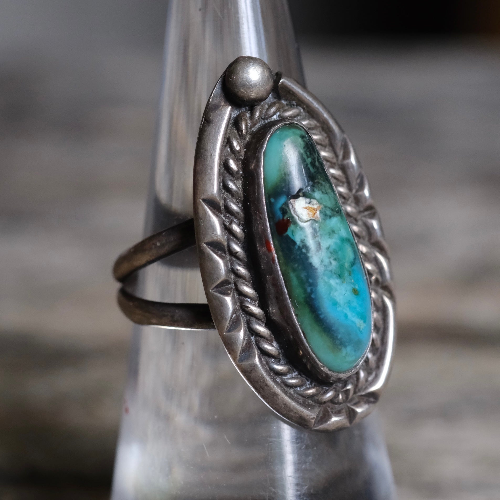 Vintage Sterling Turquoise Roper Ring 6.5