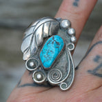 Vintage Sterling Turquoise Feather Ring 6.5