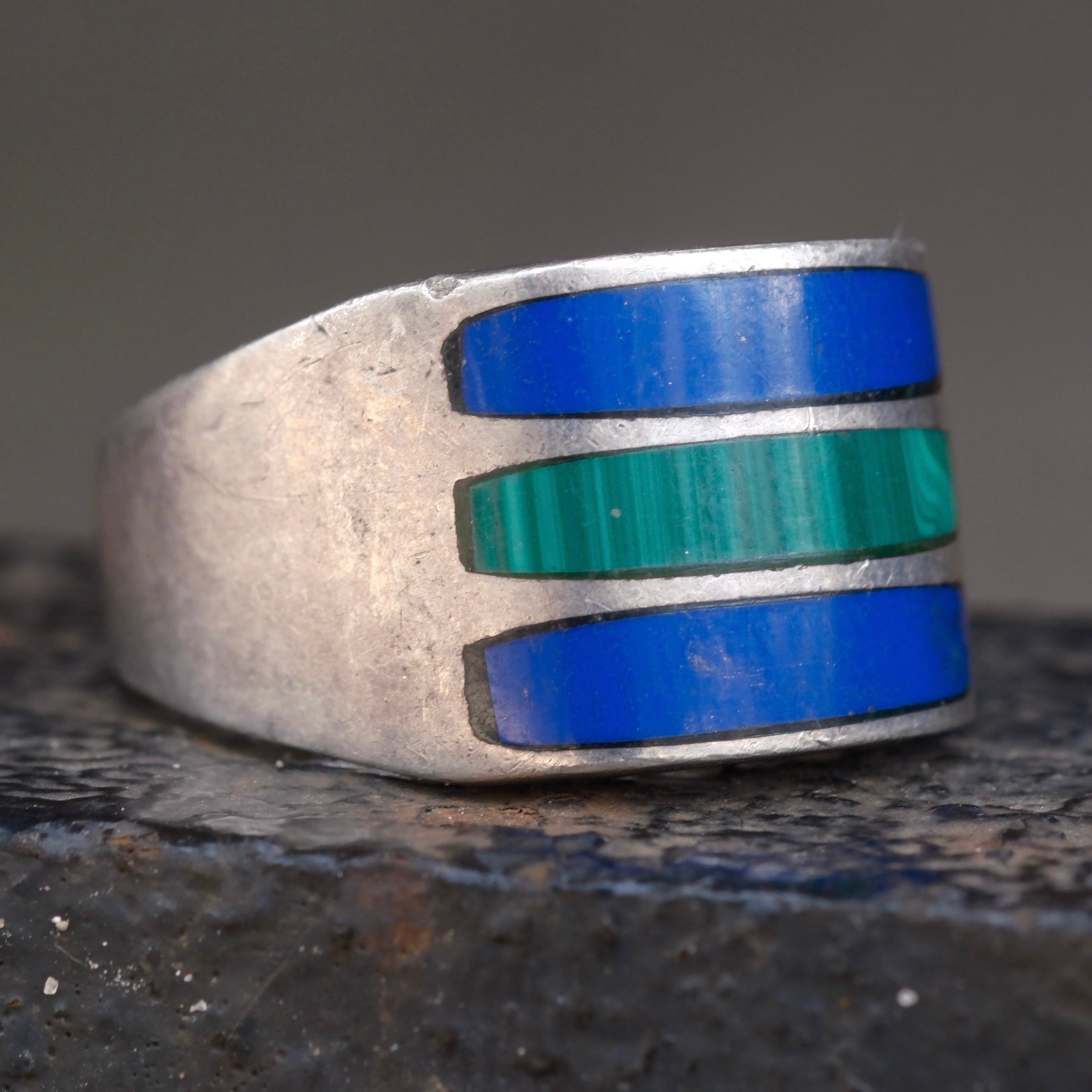 Vintage Sterling Multistone Inlay Striper Ring 12
