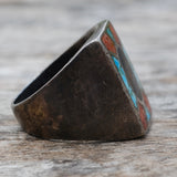 Vintage Sterling Crushed Onyx Turquoise and Coral Inlay Ring 11