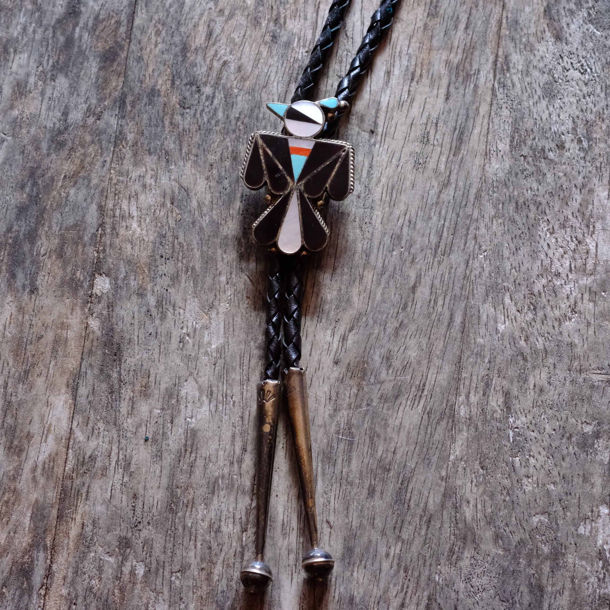 Vintage Sterling Multi Stone Inlay Thunderbird Bolo Tie