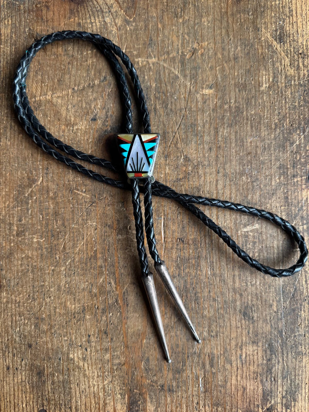 Vintage Sterling Silver Multistone Inlay Shield Bolo