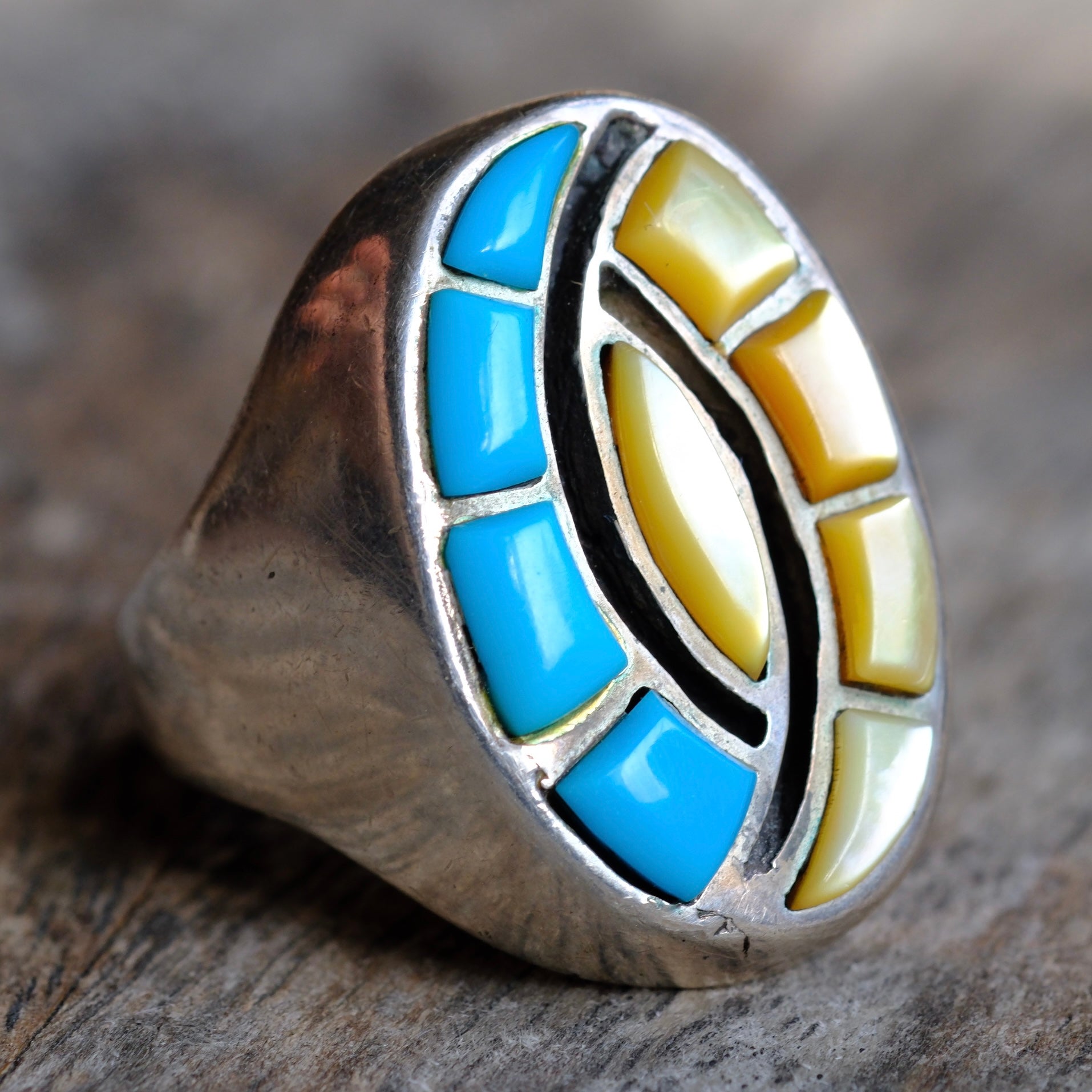Vintage Sterling Turquoise and Mother Of Pearl Inlay Hummingbird Ring 10.75