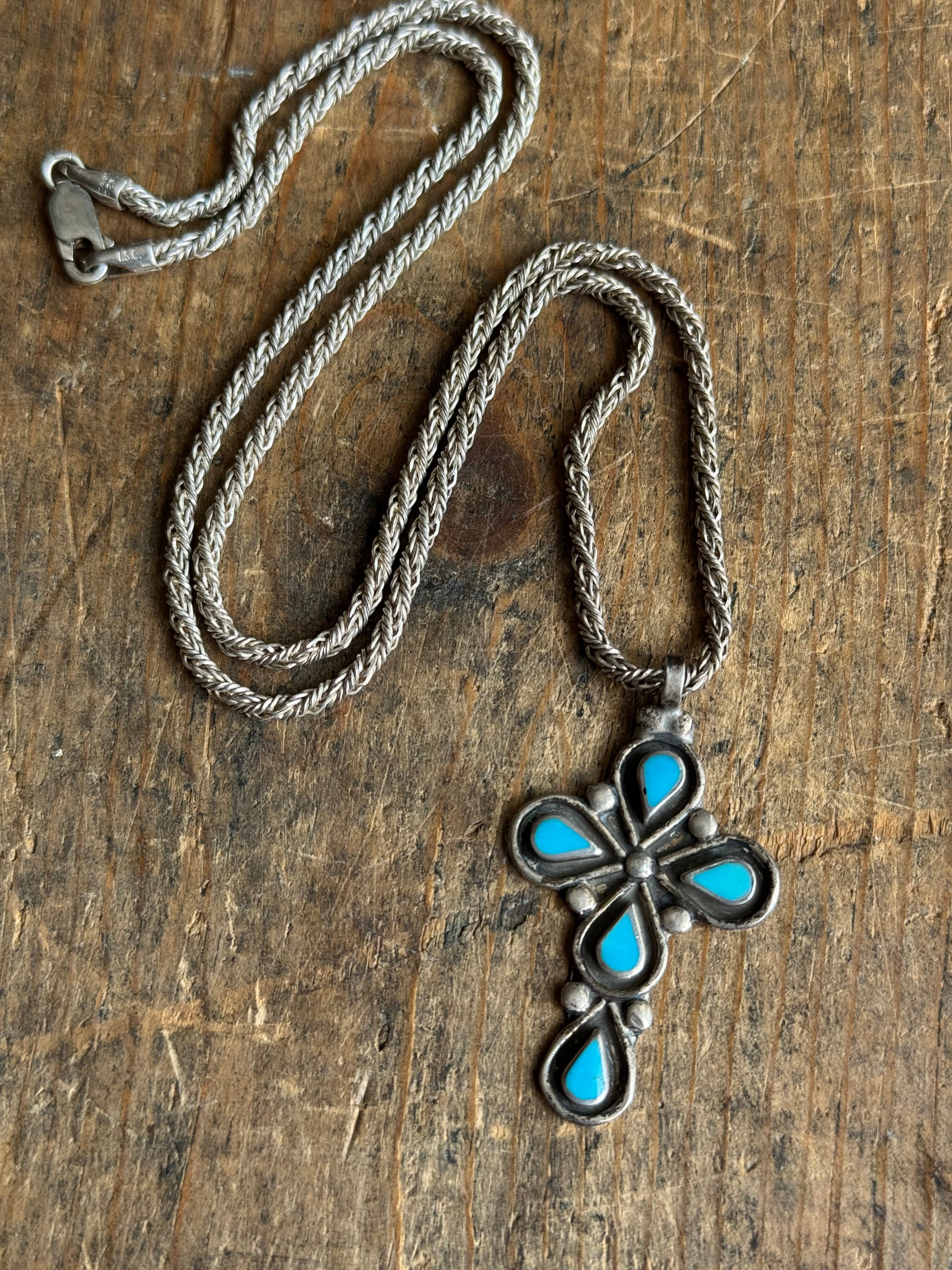 Vintage Sterling Silver Teardrop Turquoise Cross Necklace