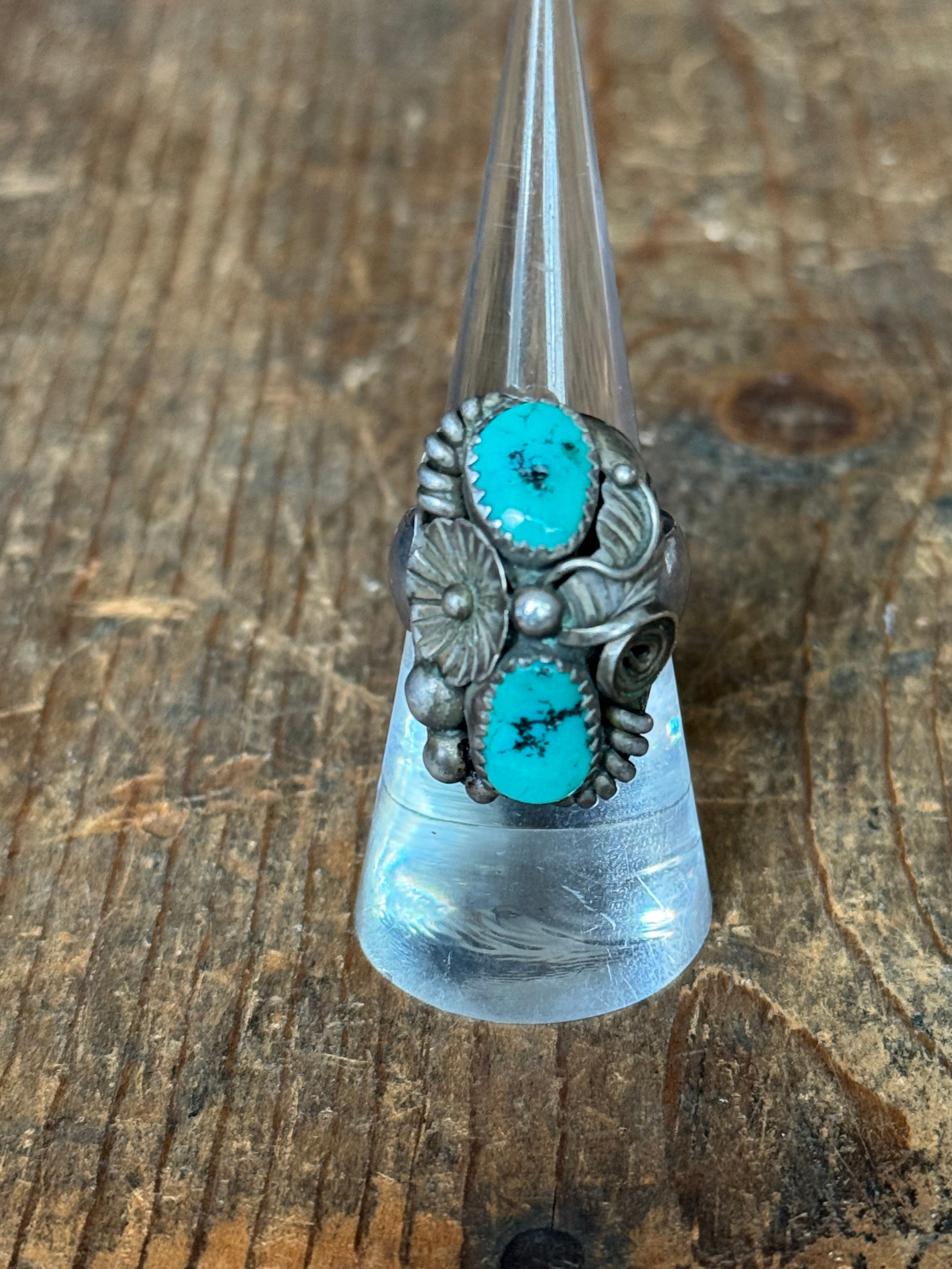 Vintage Sterling Silver Turquoise Flower Ring 7.25