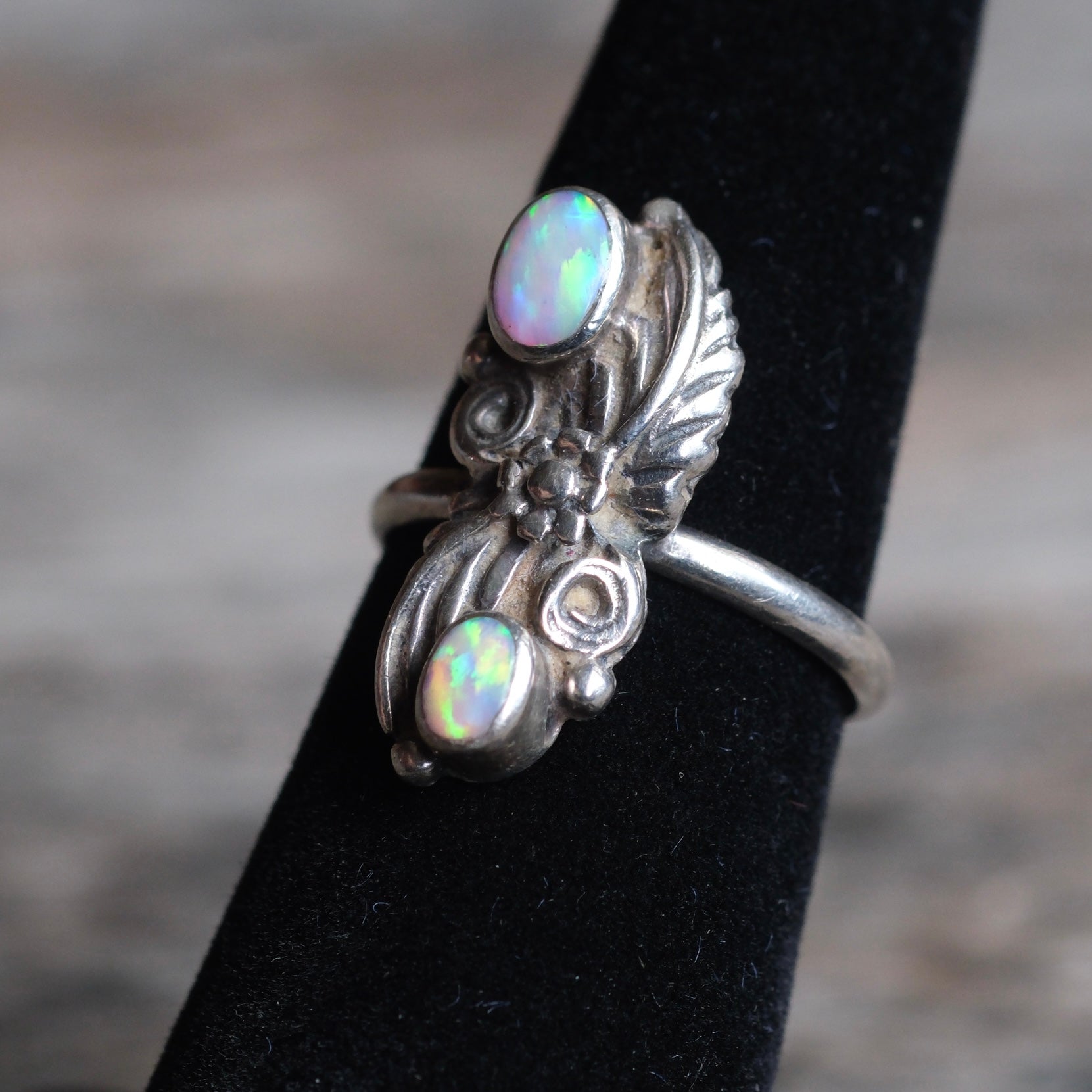 Vintage Sterling 2-Stone Opalite Feather Ring 5.5