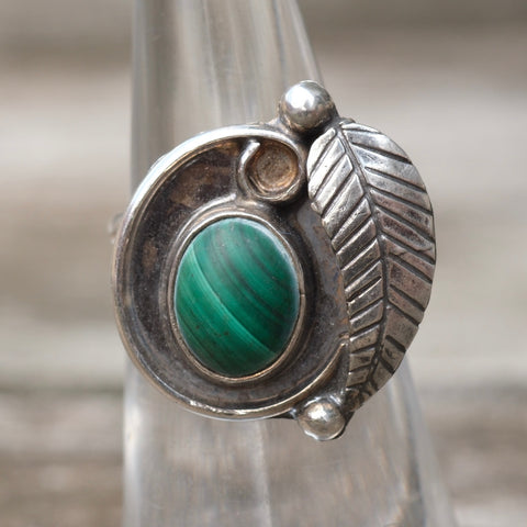 Vintage Sterling Malachite Feather Ring 5.5