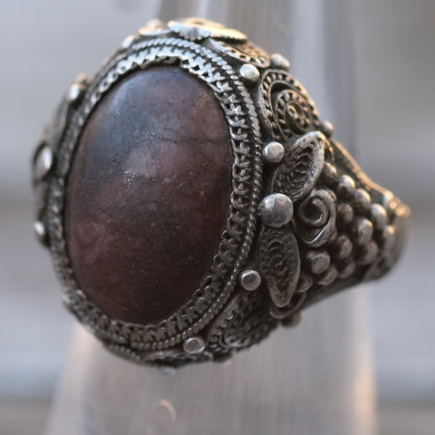 Vintage Sterling Ornate Jasper Deco Ring 5.75