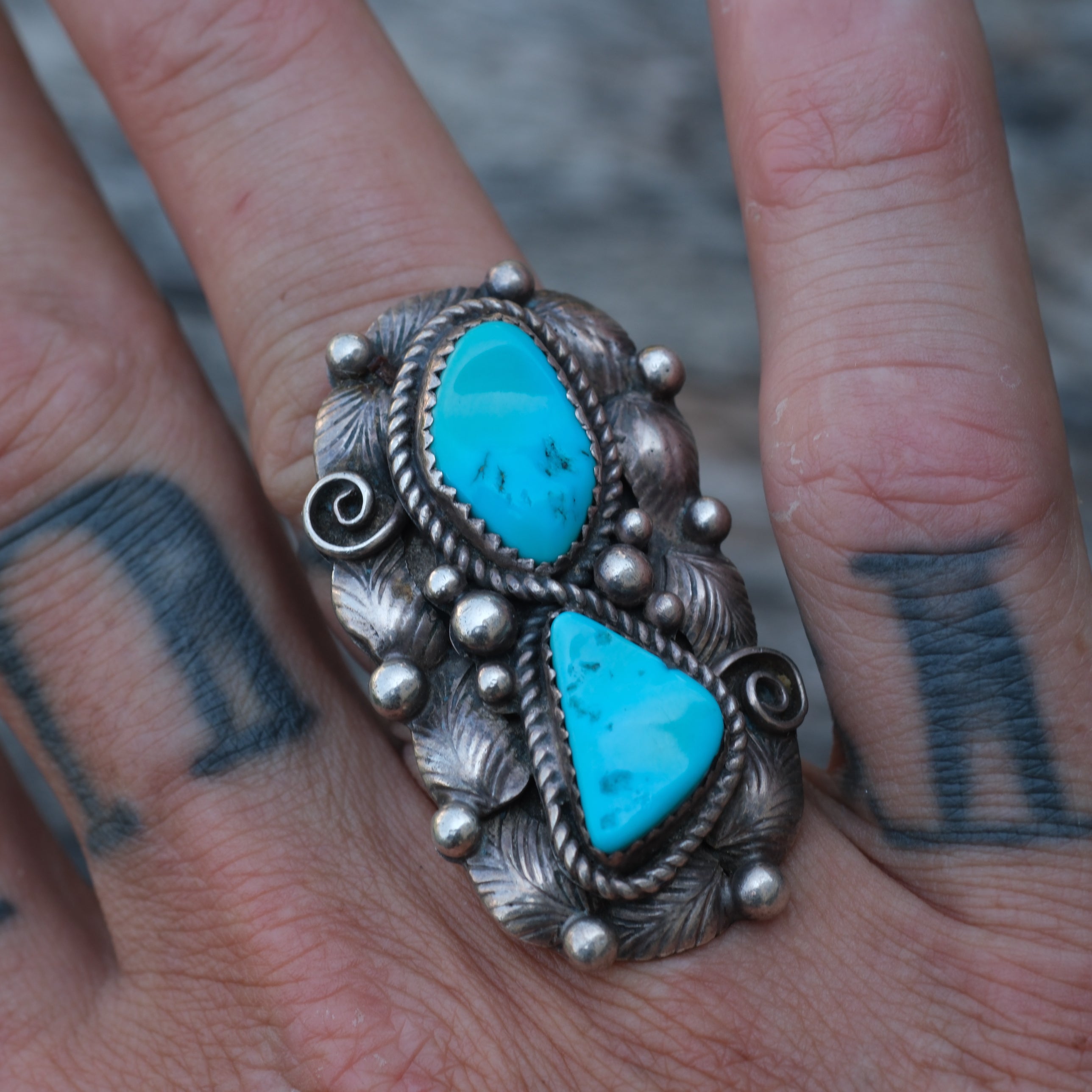 Vintage Sterling Turquoise Feather Ring 8.5
