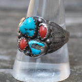 Vintage Sterling Turquoise and Coral Ribbed Band Ring 10.5