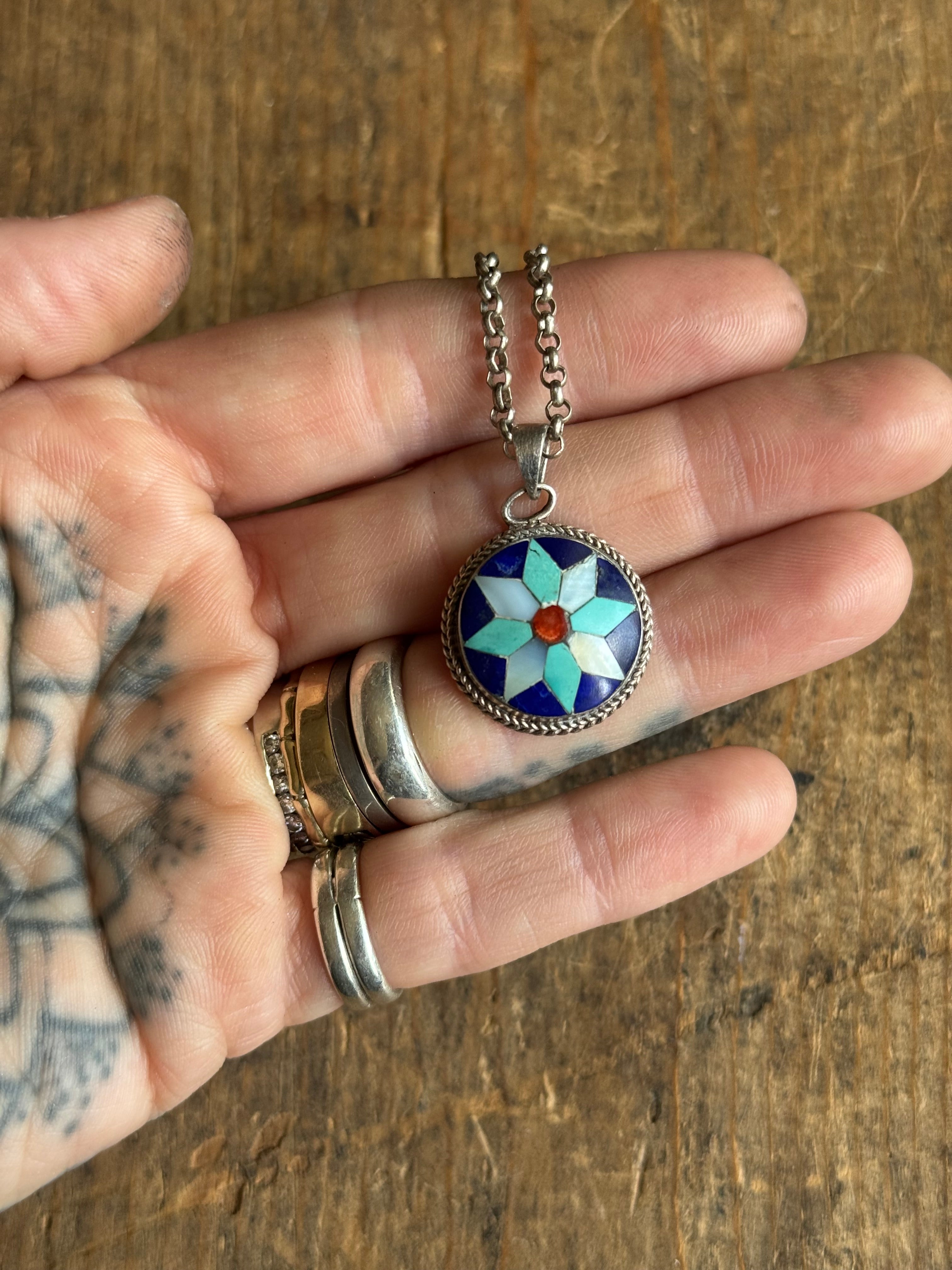 Vintage Sterling Silver Multistone Inlay Snowflake Necklace