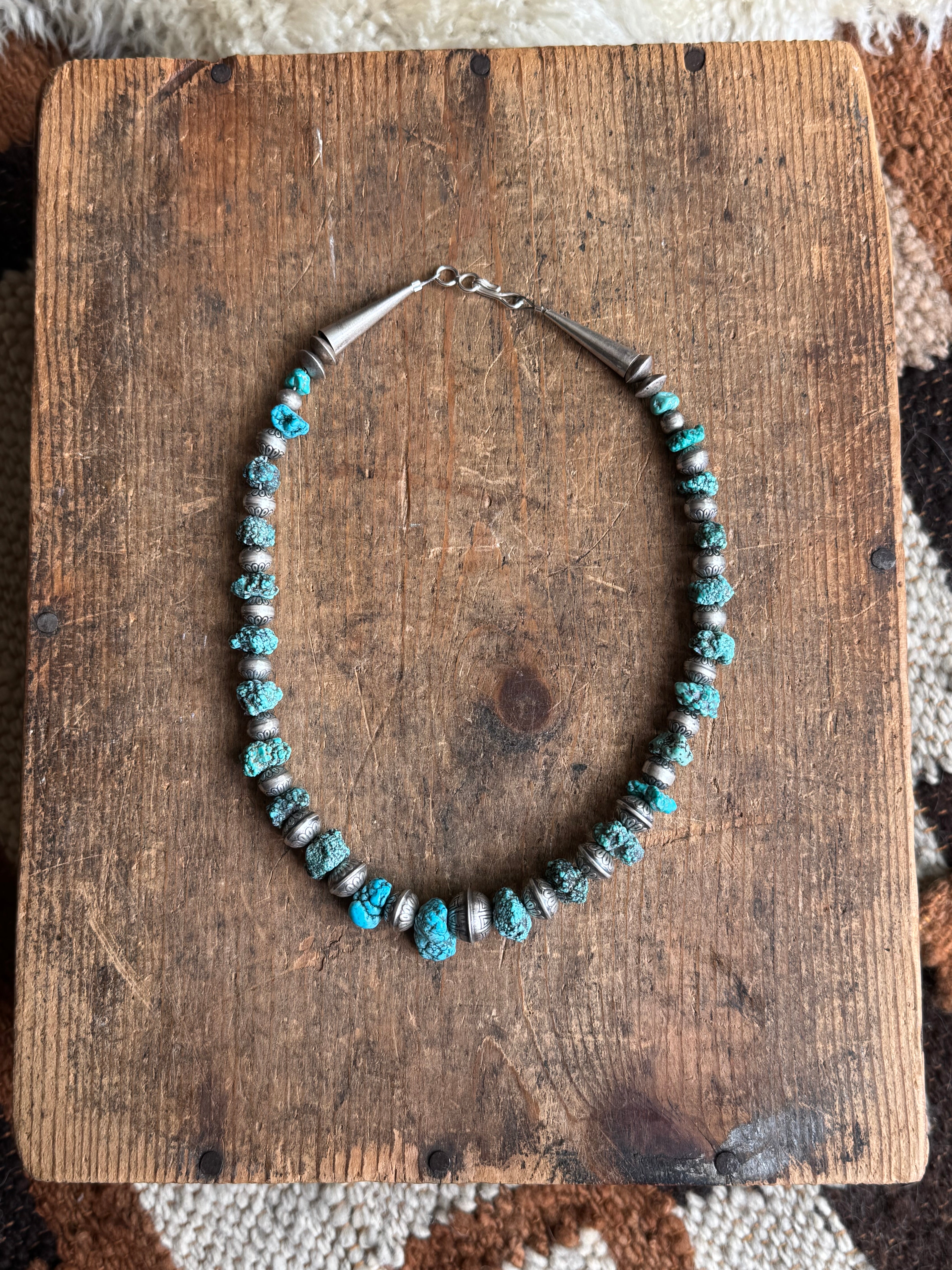 Vintage Sterling Silver Stamped Navajo Pearl & Raw Turquoise Necklace