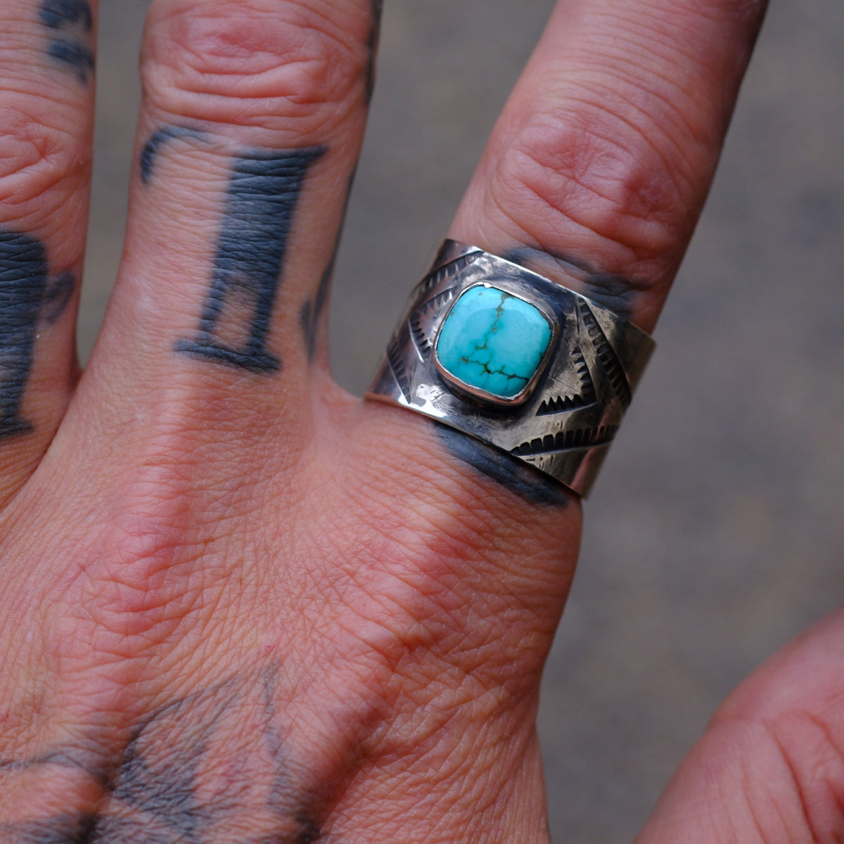 Sterling Silver Natural Lone Mountain Turquoise Stamped Cigar Band Ring 10.5