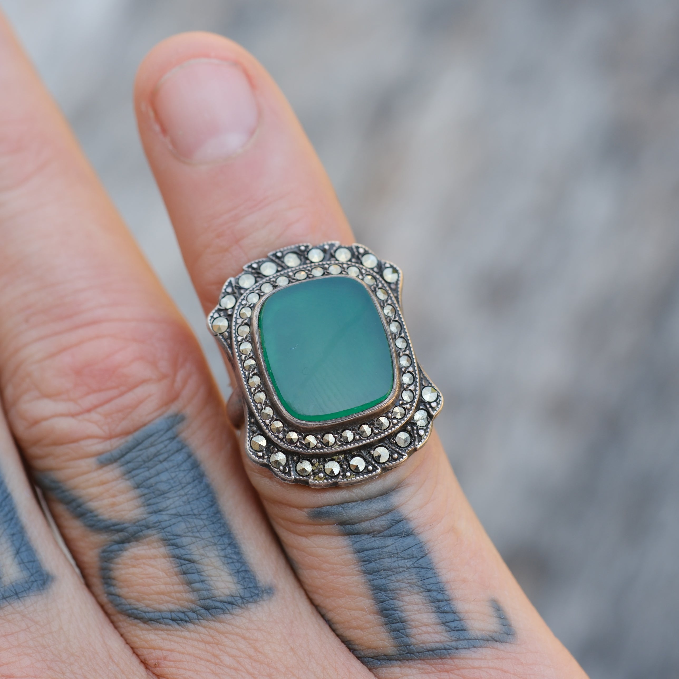 Vintage Sterling Green Carnelian and Marcasite Ring 3.75