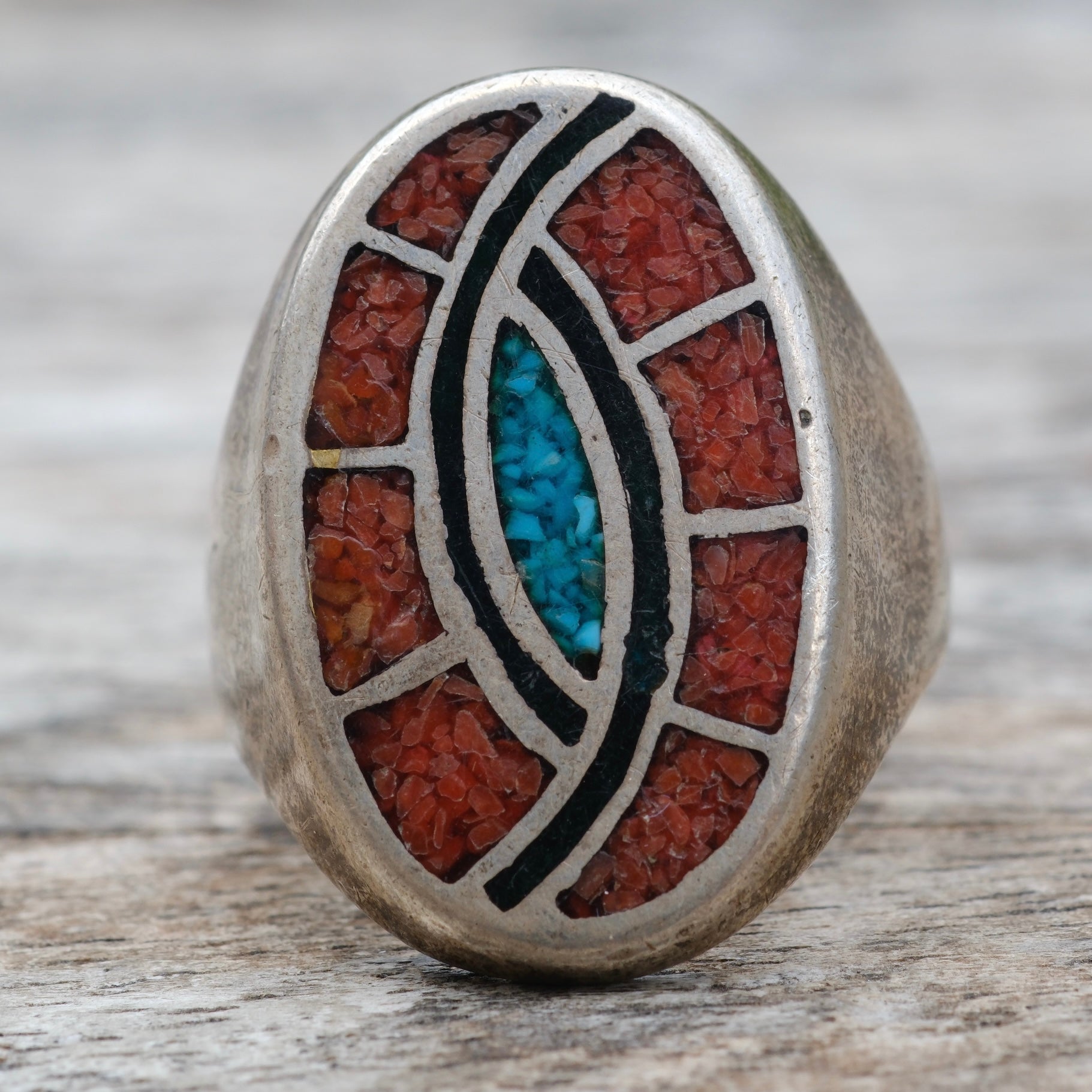 Vintage Sterling Crushed Turquoise and Coral Hummingbird Inlay Ring 10.25