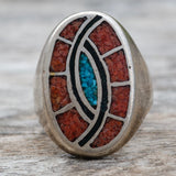 Vintage Sterling Crushed Turquoise and Coral Hummingbird Inlay Ring 10.25