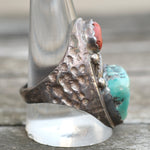 Vintage Sterling Turquoise and Coral Feather Ring 11.75