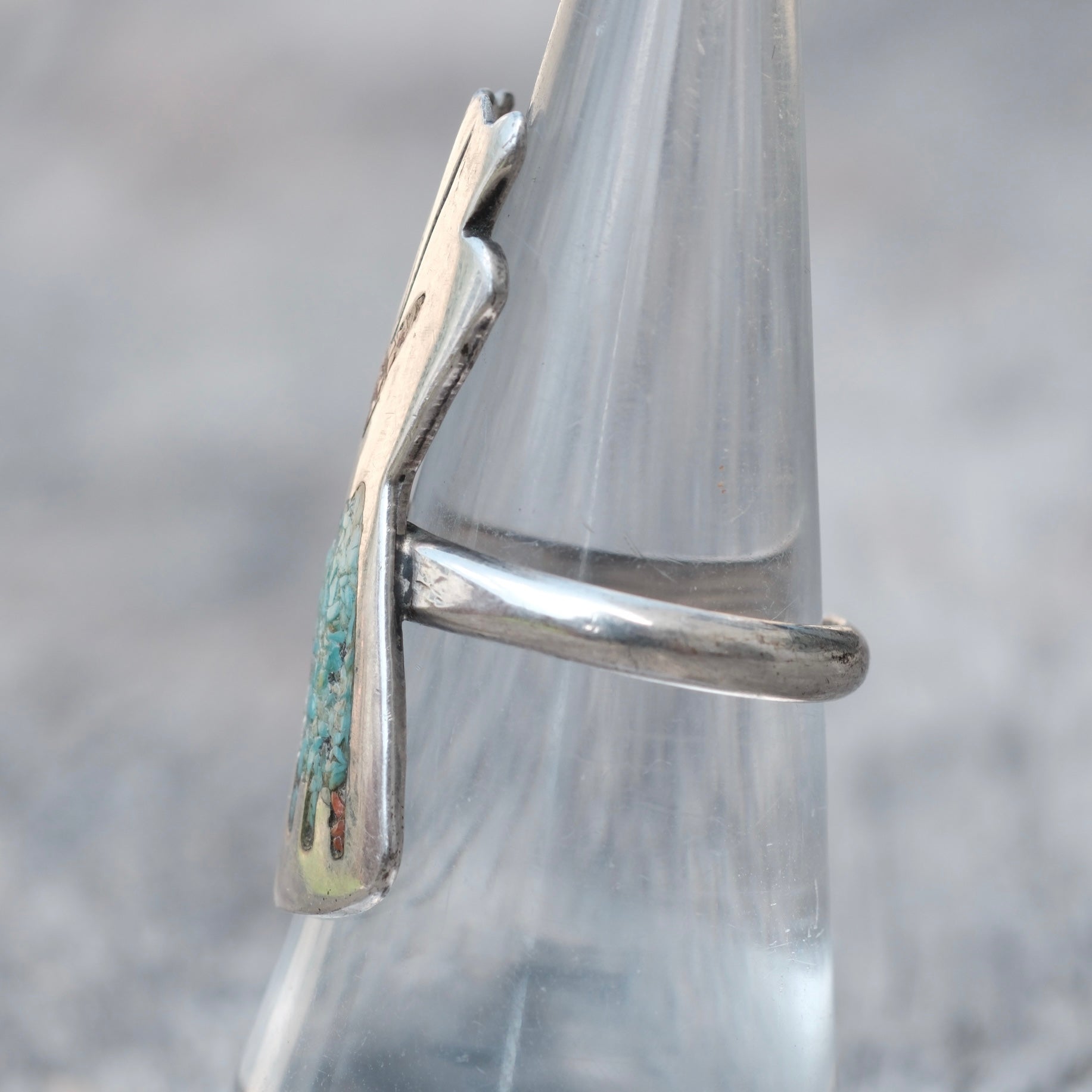 Vintage Sterling Turquoise and Coral Teepee Ring 6.75