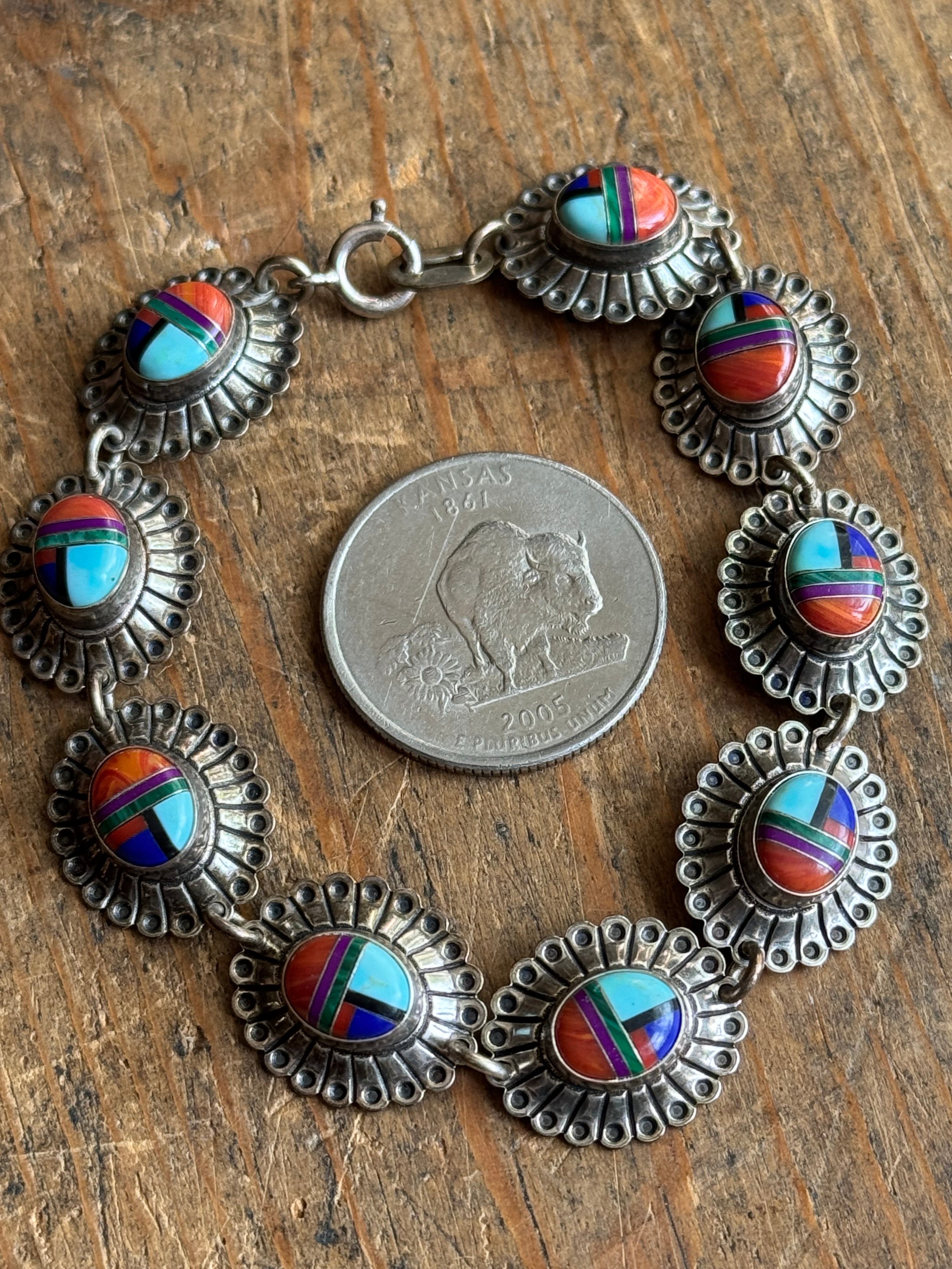 Vintage Sterling Silver 7.25” Multistone Inlay Concho Link Bracelet