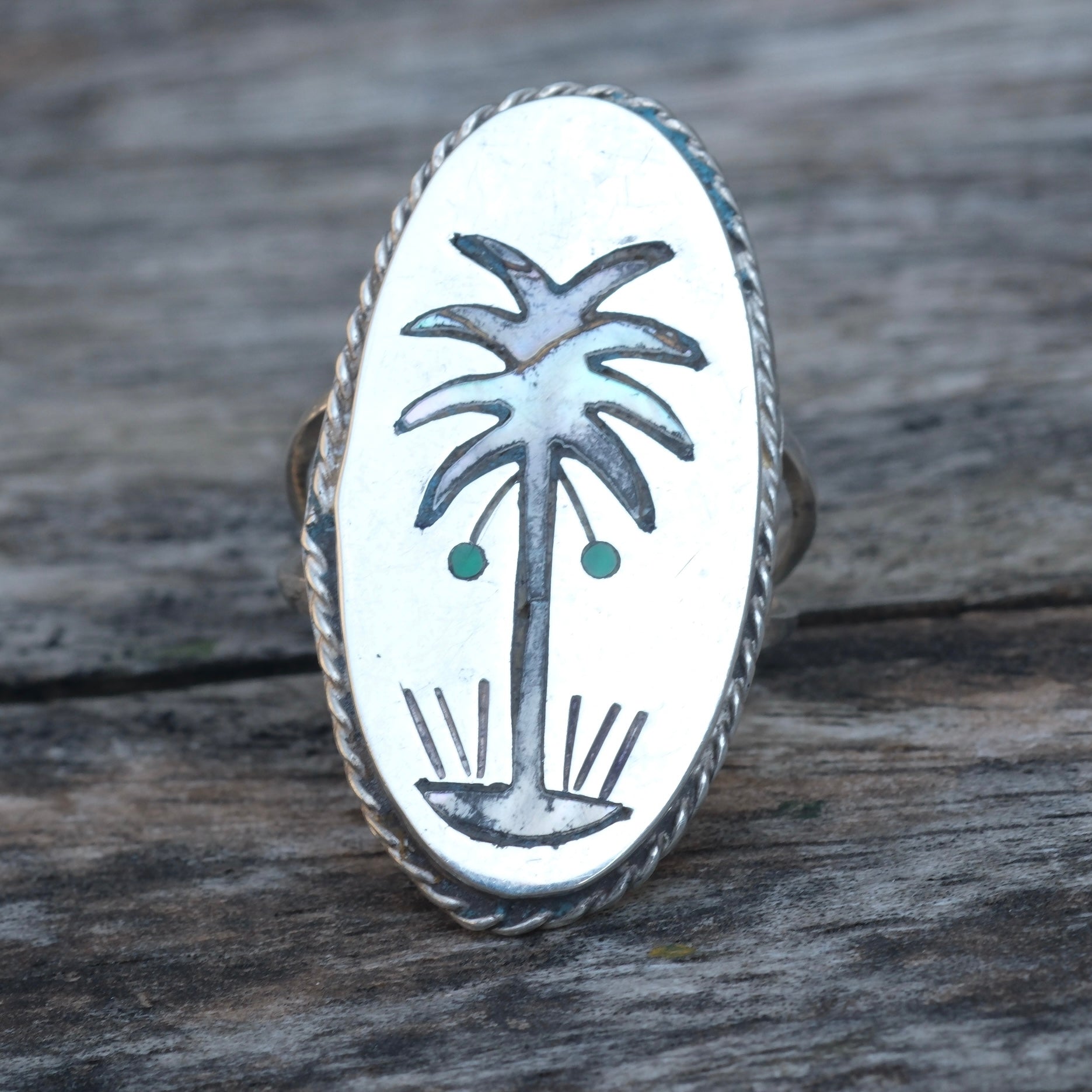 Vintage Sterling Abalone Inlay Palm Tree Ring 6.5