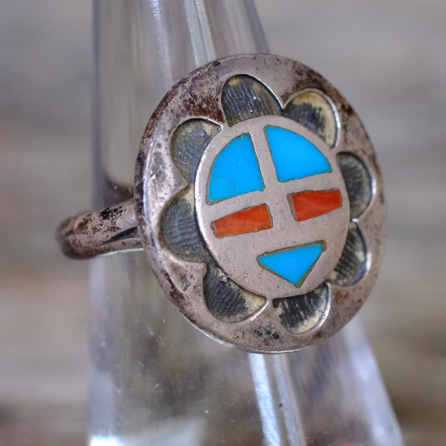 Vintage Sterling Inlay Zuni Ring 5.75