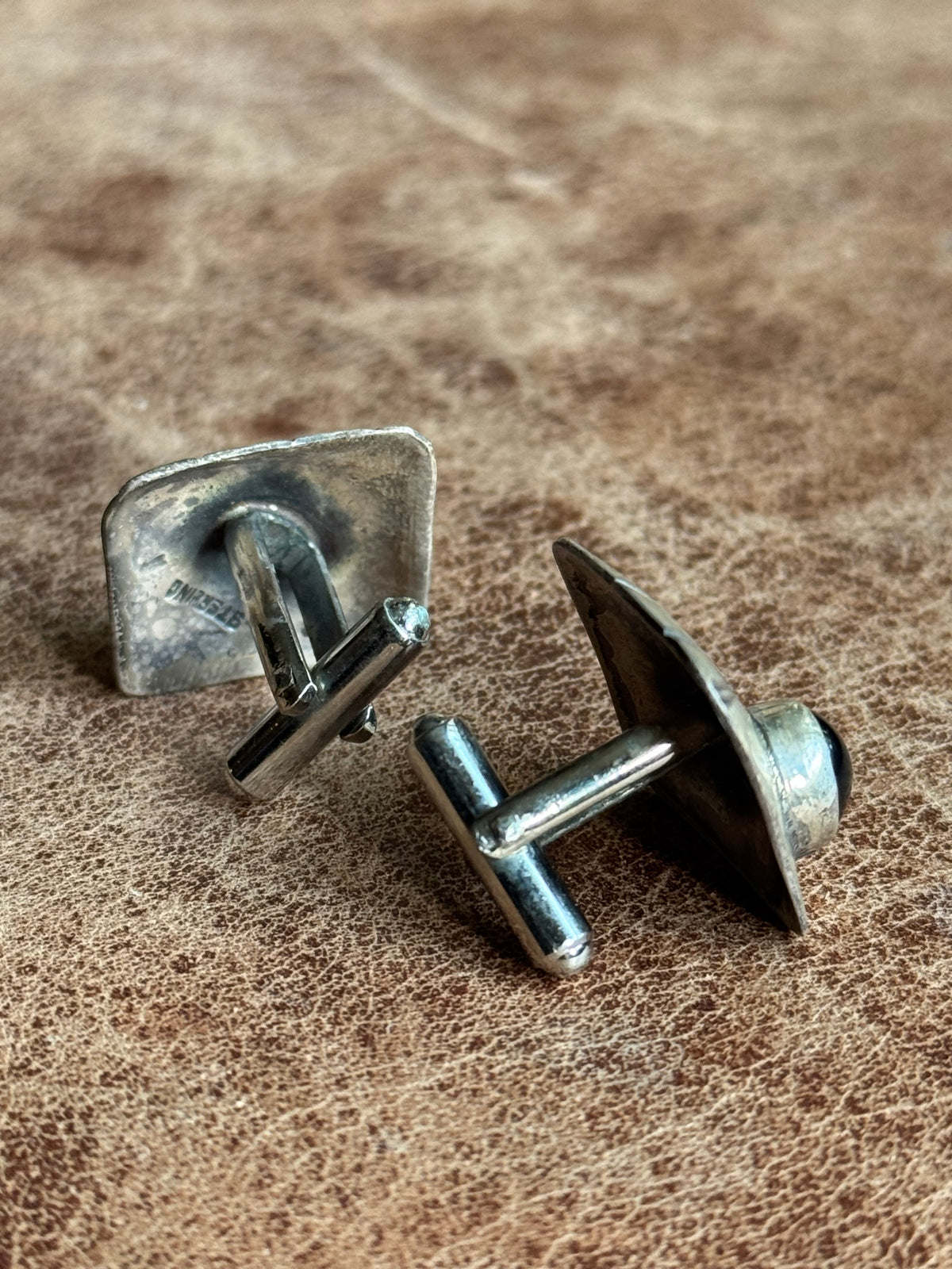 Vintage Sterling Silver Stamped Onyx Square Cufflinks